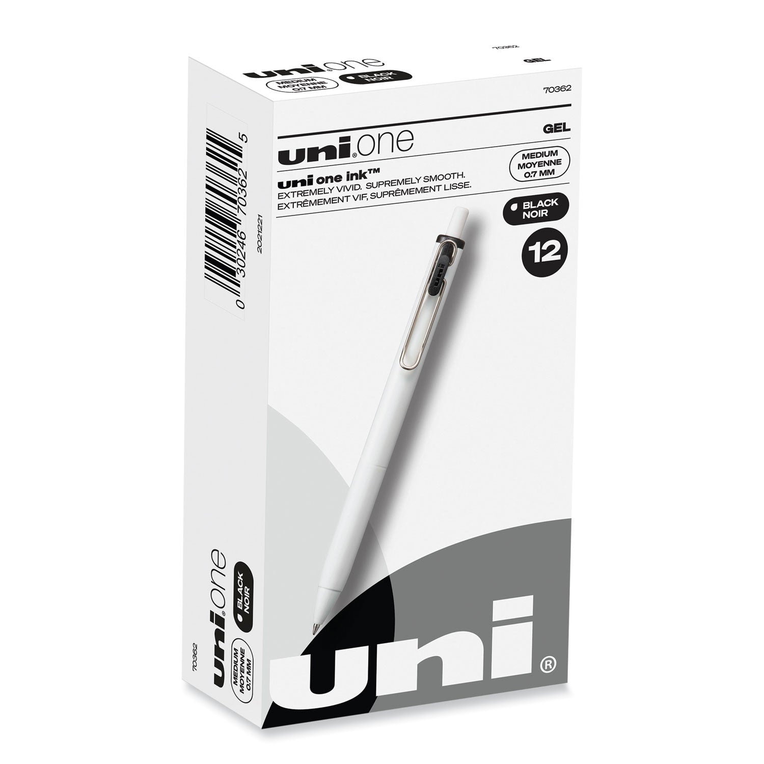 uniONE Gel Pen, Retractable, Medium 0.7 mm, Black Ink, White/Black Barrel, Dozen