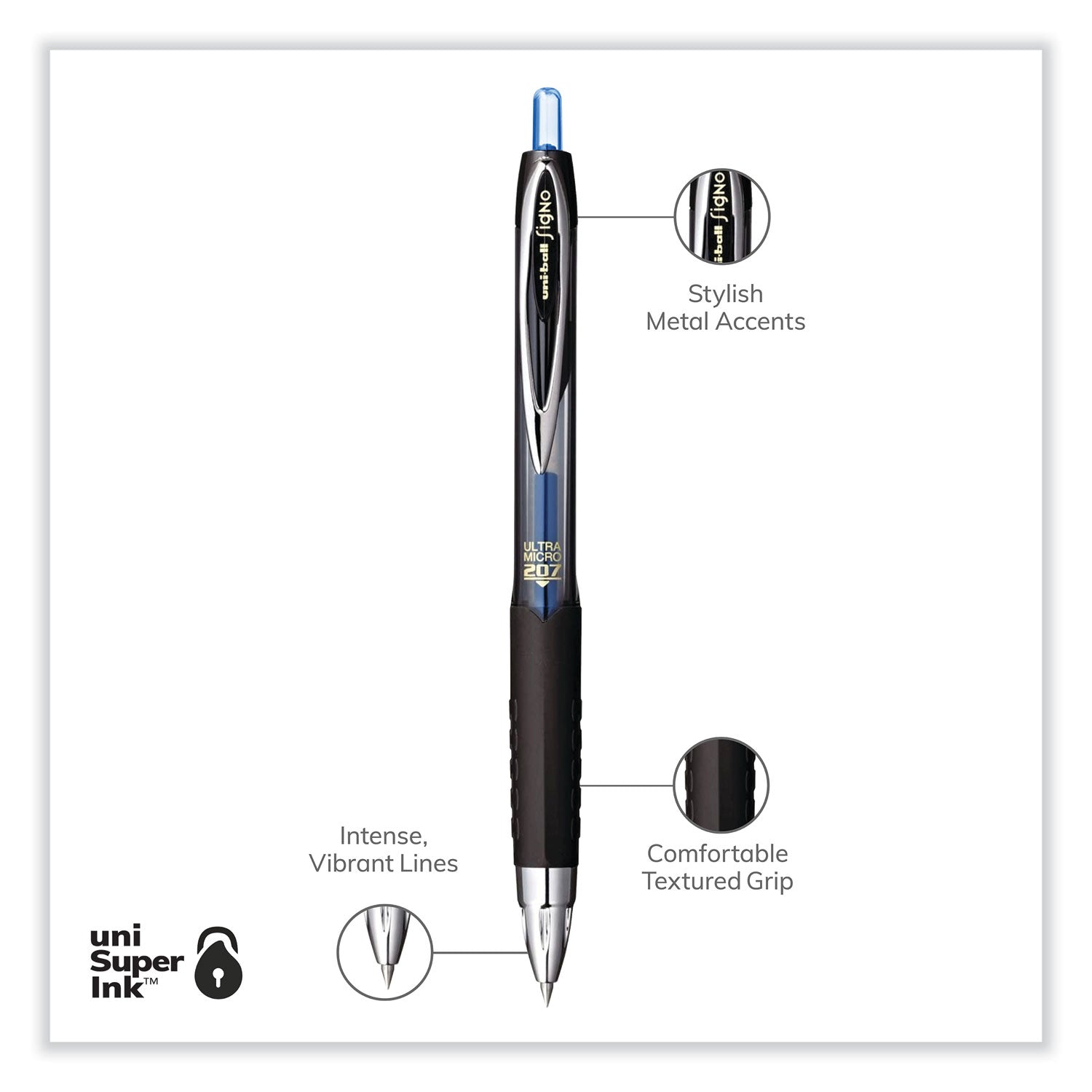 uniball® 207 Ultra Micro Gel Pen, Retractable, Ultra-Micro 0.38 mm, Blue Ink, Clear/Black Barrel
