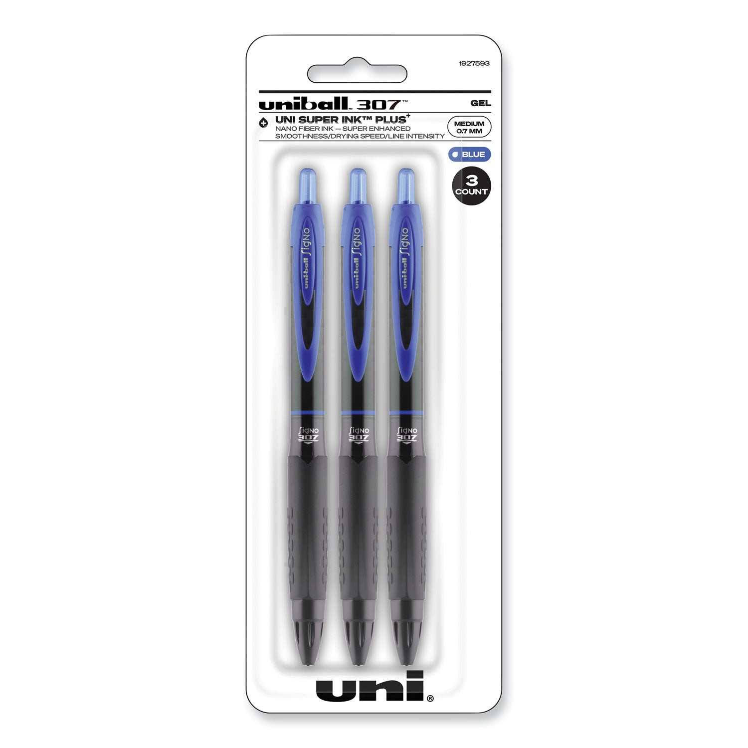 307 Gel Pen, Retractable, Medium 0.7 mm, Blue Ink, Blue Barrel, 3/Pack