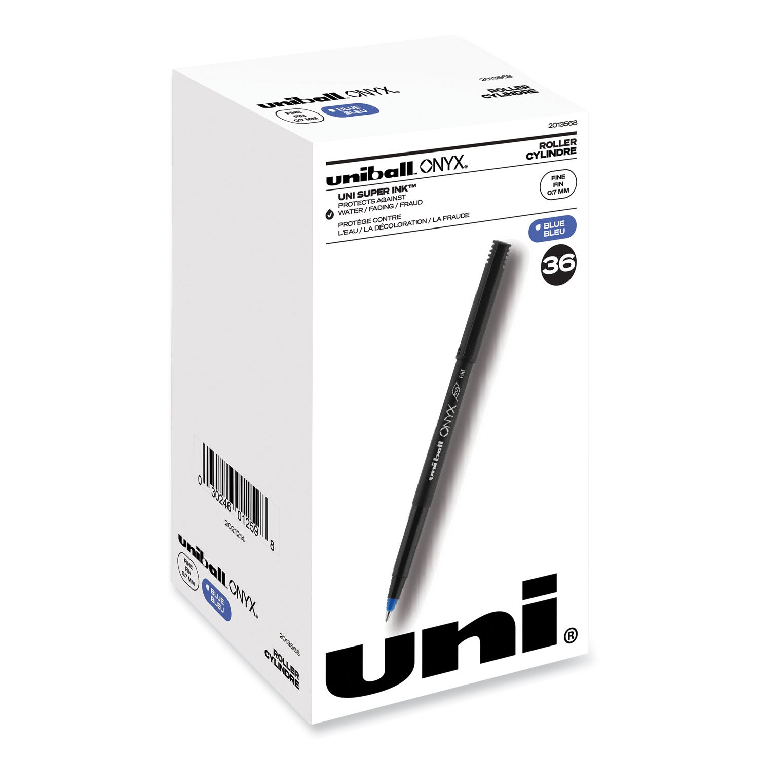 uniball® ONYX Rollerball Pen, Stick, Fine 0.7 mm, Blue Ink, Black/Blue Barrel, 72/Pack