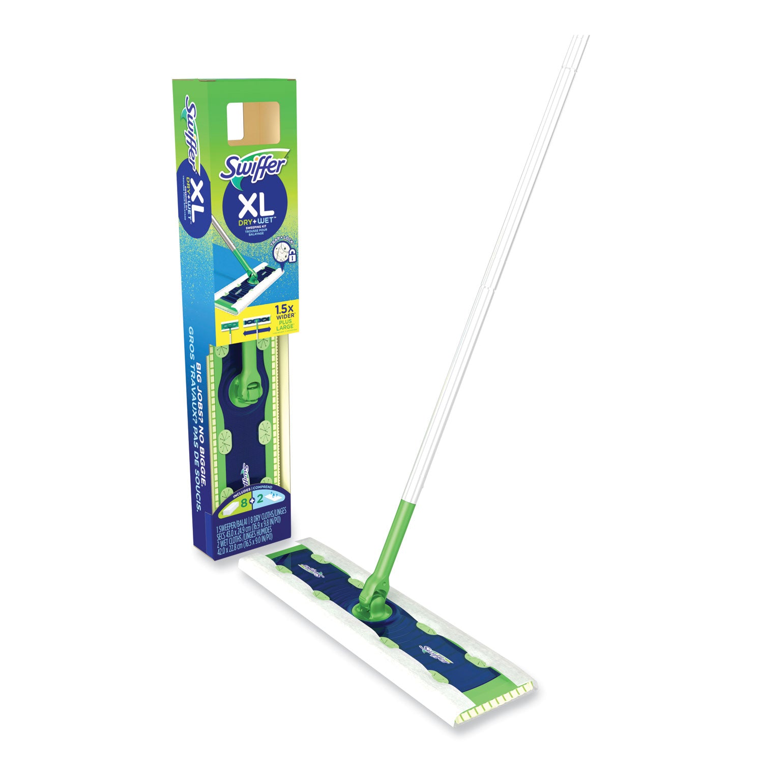 Swiffer® Sweeper Mop, XL Dry + Wet Sweeping Kit, 16.5 x 9 White Cloth Head, 46" Green/Silver Aluminum/Plastic Handle