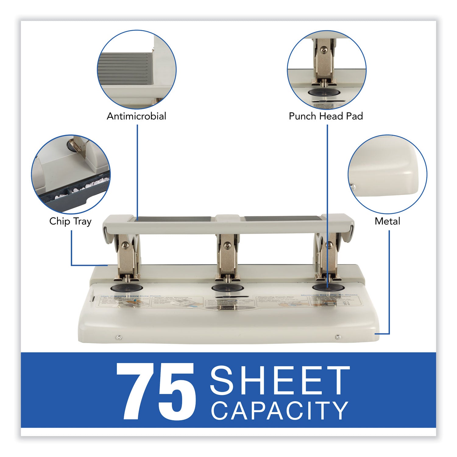 Swingline® 75-Sheet Heavy-Duty High-Capacity Three-Hole Adjustable Punch, 9/32" Holes, Putty/gray