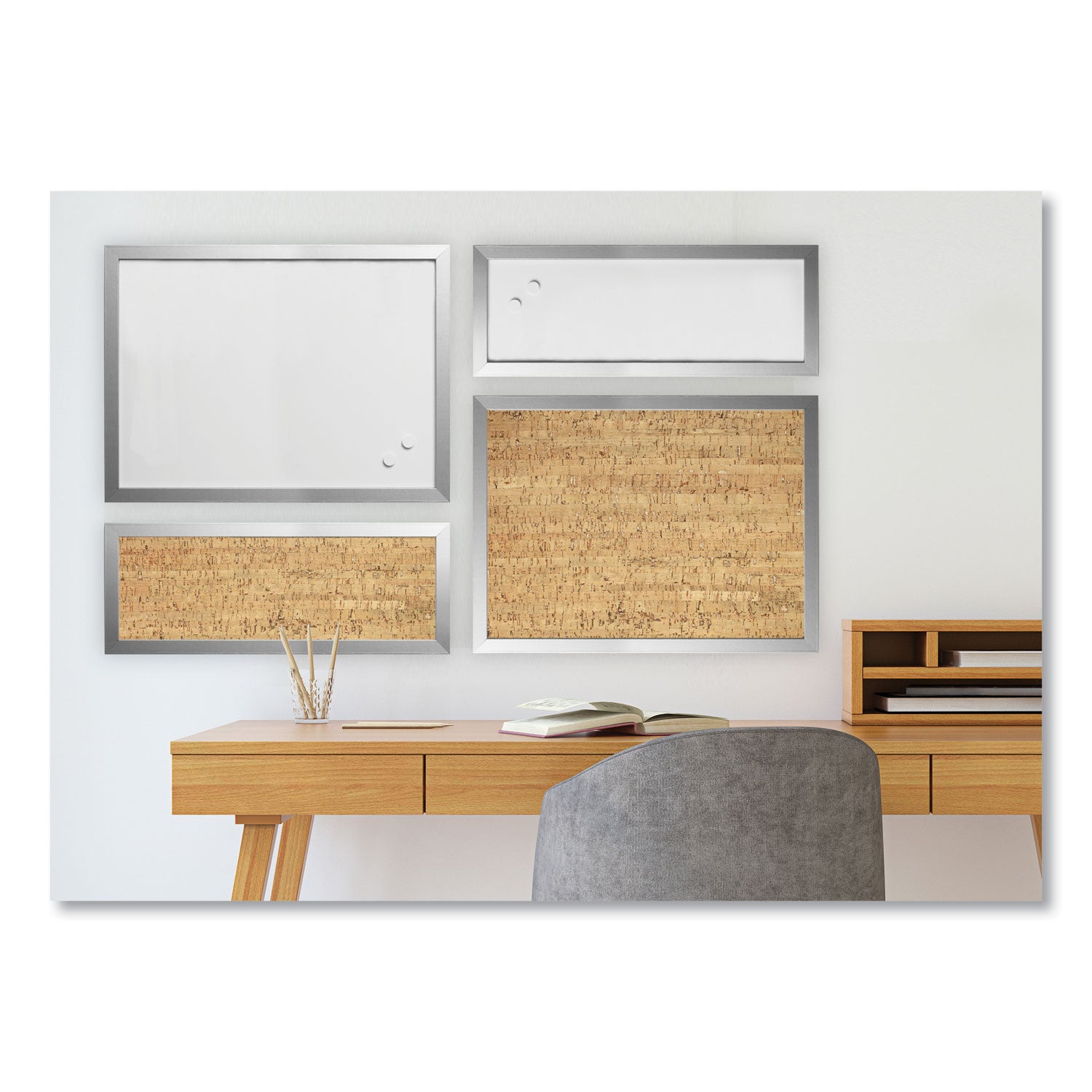 MasterVision® Metallic Silver Positive Flow Message Board Set, (2) Magnetic Dry Erase, (2) Bulletin, Assorted Sizes, Assorted Colors