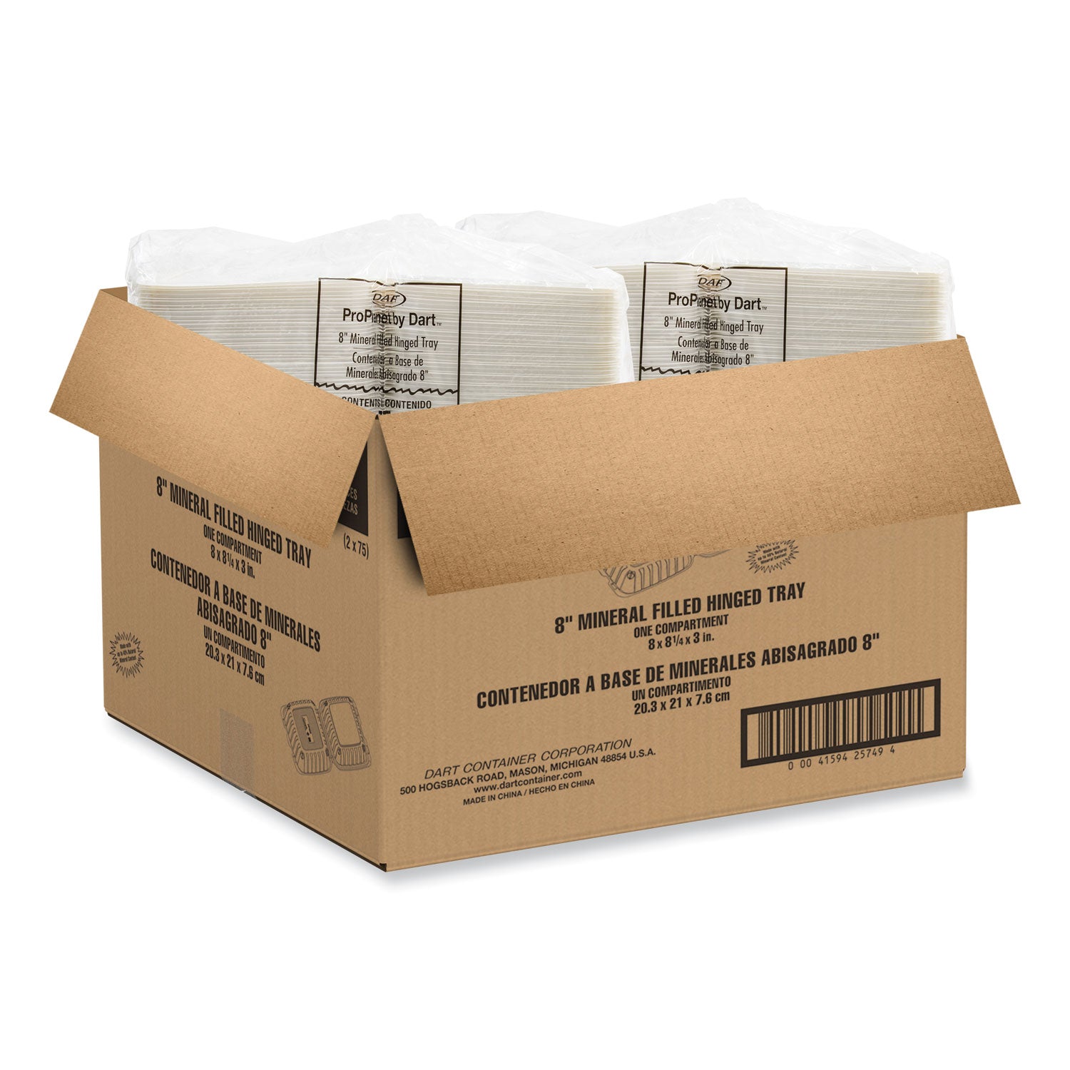 Dart® Hinged Lid Containers, 8.25 x 8 x 3, White, Plastic, 150/Carton
