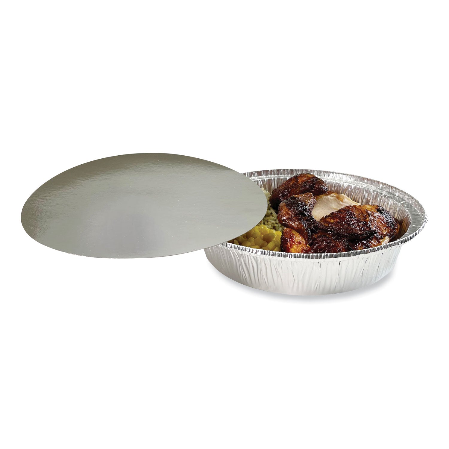 Boardwalk® Round Aluminum To-Go Containers with Lid, 48 oz, 9" Diameter x 1.66" h, Silver, 200/Carton