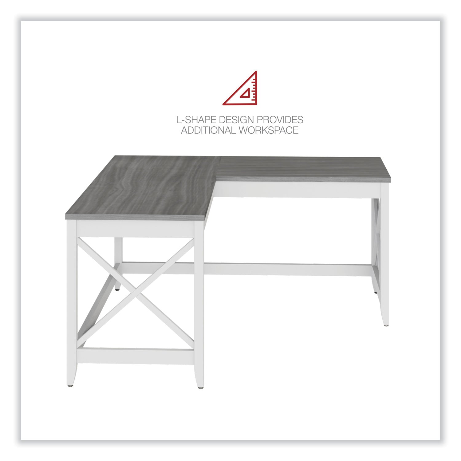 Workspace by Alera® L-Shaped Farmhouse Desk, 58.27" x 58.27" x 29.53", Gray/White