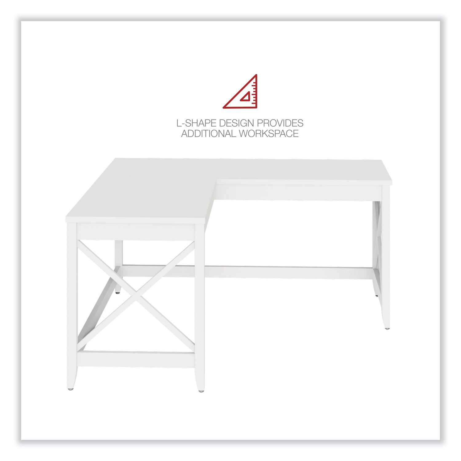 Workspace by Alera® L-Shaped Farmhouse Desk, 58.27" x 58.27" x 29.53", White