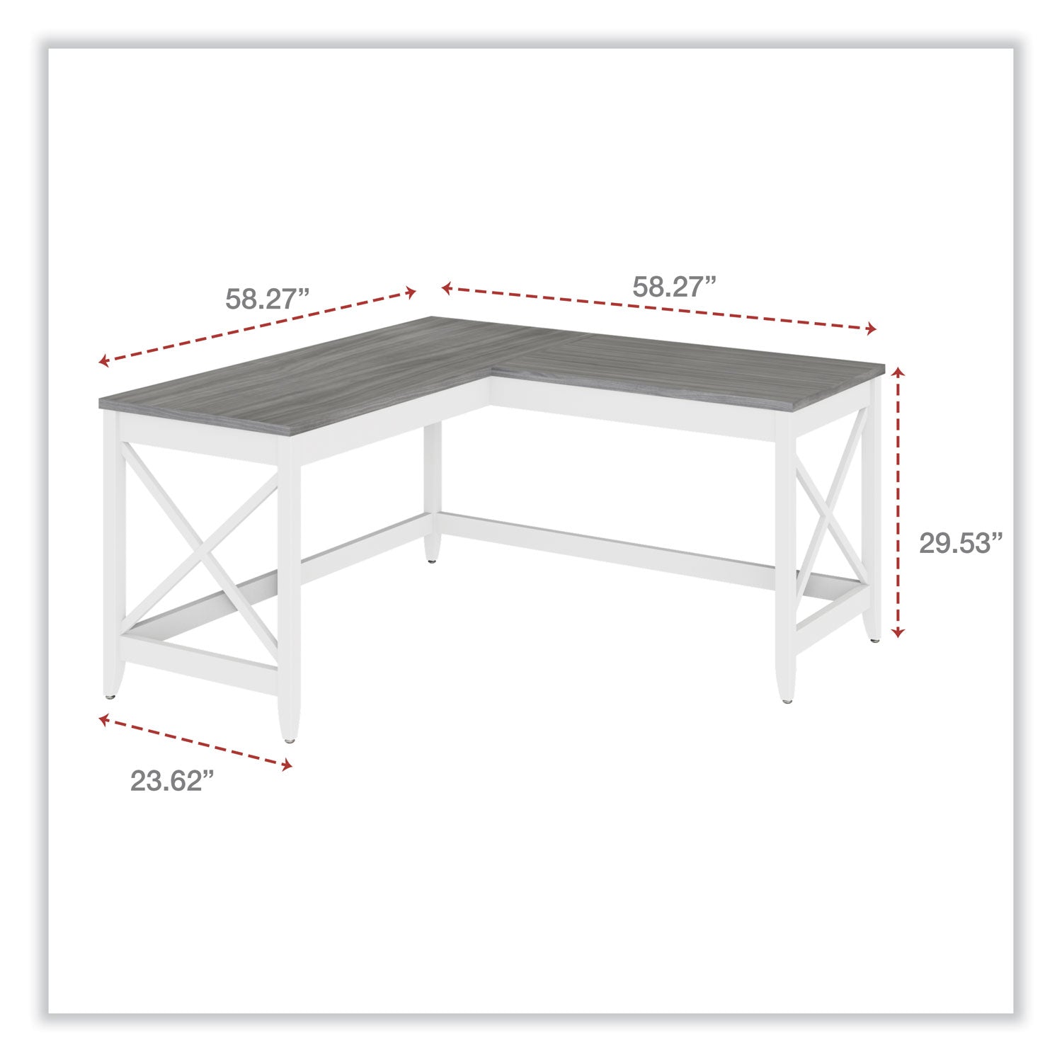 Workspace by Alera® L-Shaped Farmhouse Desk, 58.27" x 58.27" x 29.53", Gray/White