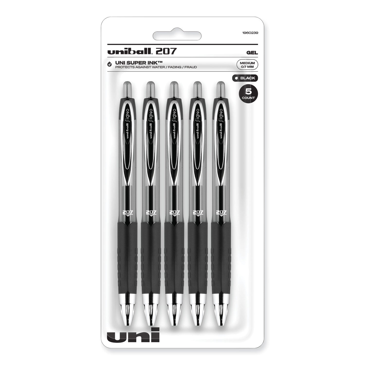 uniball® Signo 207 Gel Pen, Retractable, Medium 0.7 mm, Black Ink, Clear/Black Barrel, 5/Pack