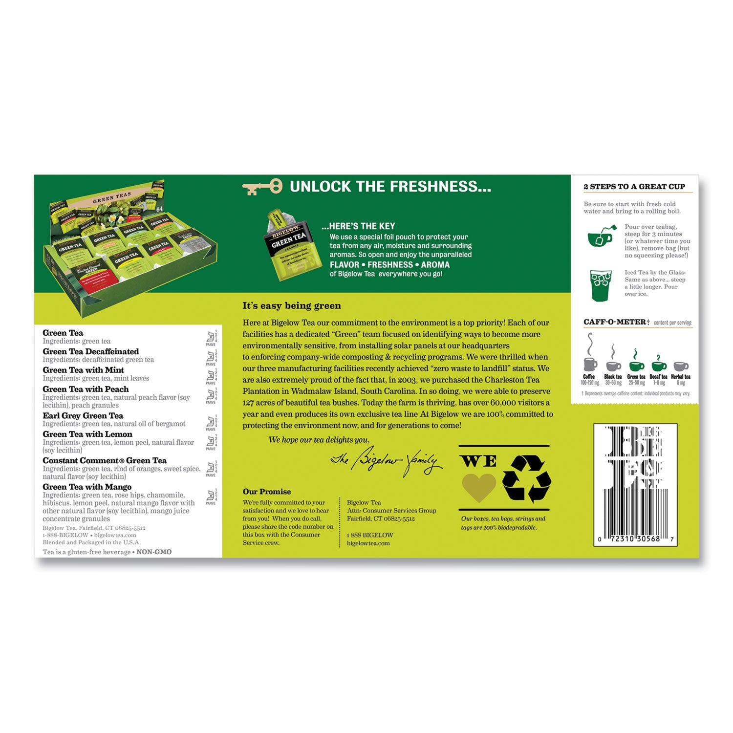 Bigelow® Green Tea Assortment, Individually Wrapped, Eight Flavors, 64 Tea Bags/box