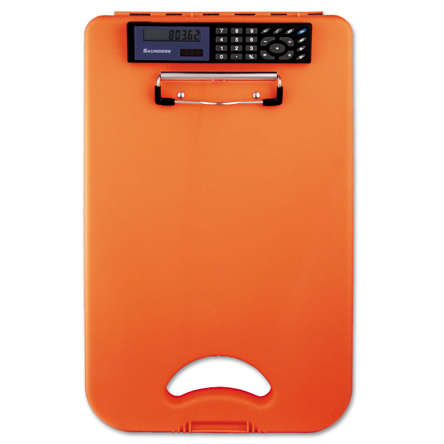 Saunders DeskMate II with Calculator, 0.5" Clip Capacity, Holds 8.5 x 11 Sheets, Hi-Vis Orange