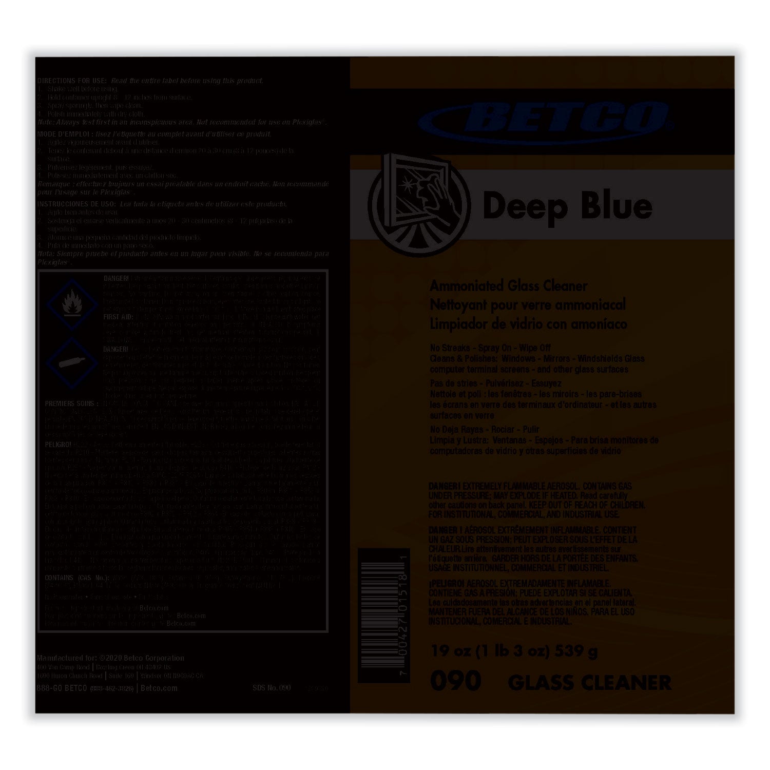 Betco® Deep Blue Glass And Surface Cleaner, Characteristic Scent, 19 Oz Aerosol Can, 12/carton