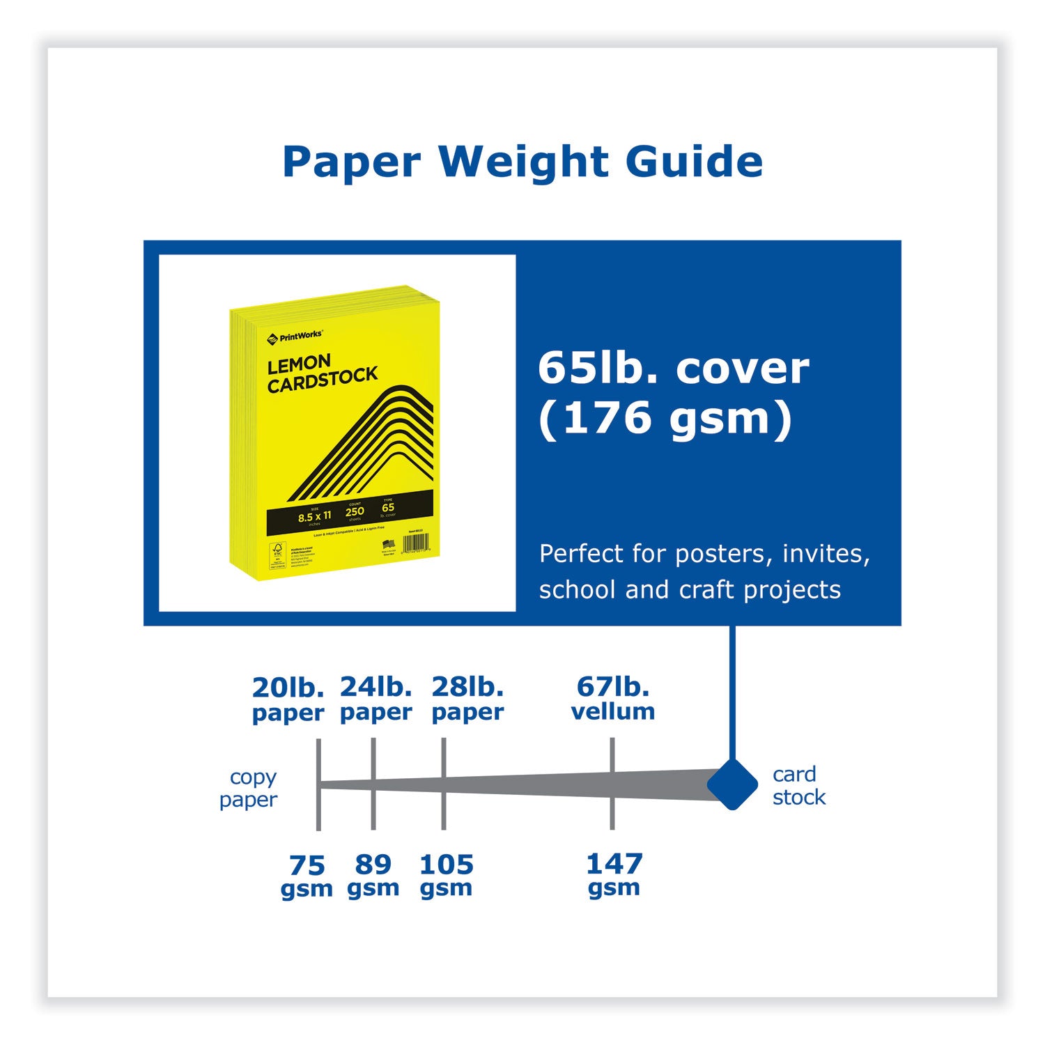 PrintWorks® Professional Color Cardstock, 65 lb Cover Weight, 8.5 x 11, Lemon Yellow, 250/Ream
