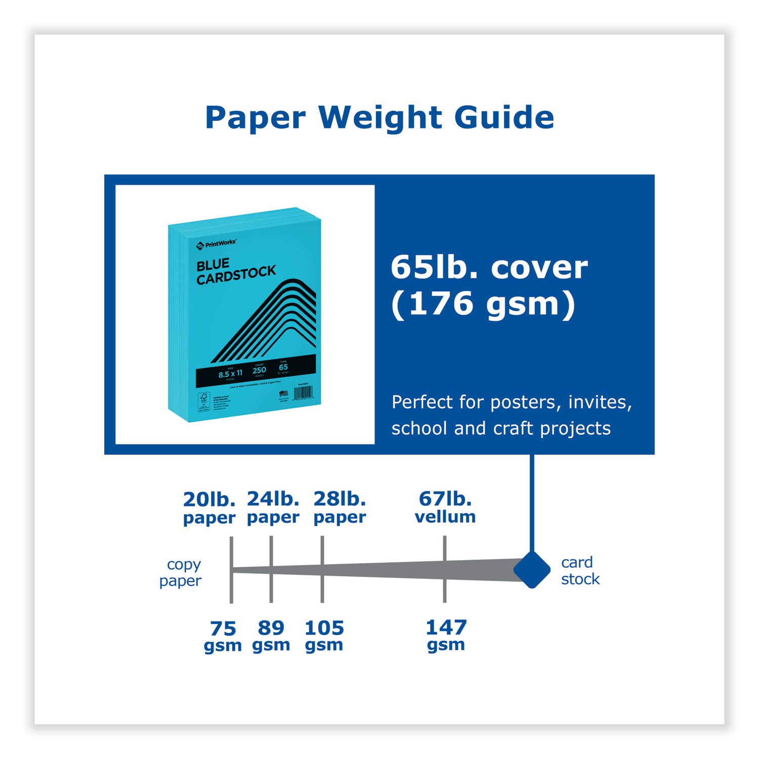 PrintWorks® Professional Color Cardstock, 65 lb Cover Weight, 8.5 x 11, Blue, 250/Ream