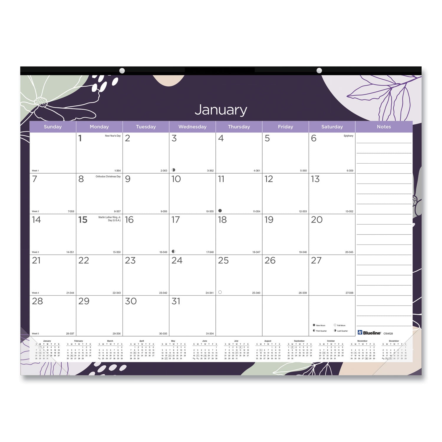 Monthly Desk Pad Calendar, Floral Artwork, 22 x 17, Black Binding, Clear Corners, 12-Month (Jan-Dec): 2025