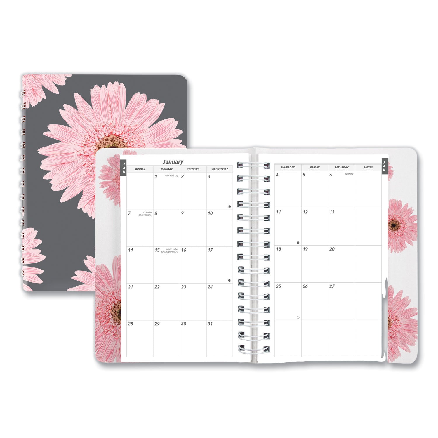 Pink Ribbon Essential Daily Appointment Book, Daisy Artwork, 8 x 5, Navy/Gray/Pink Cover, 12-Month (Jan to Dec): 2025