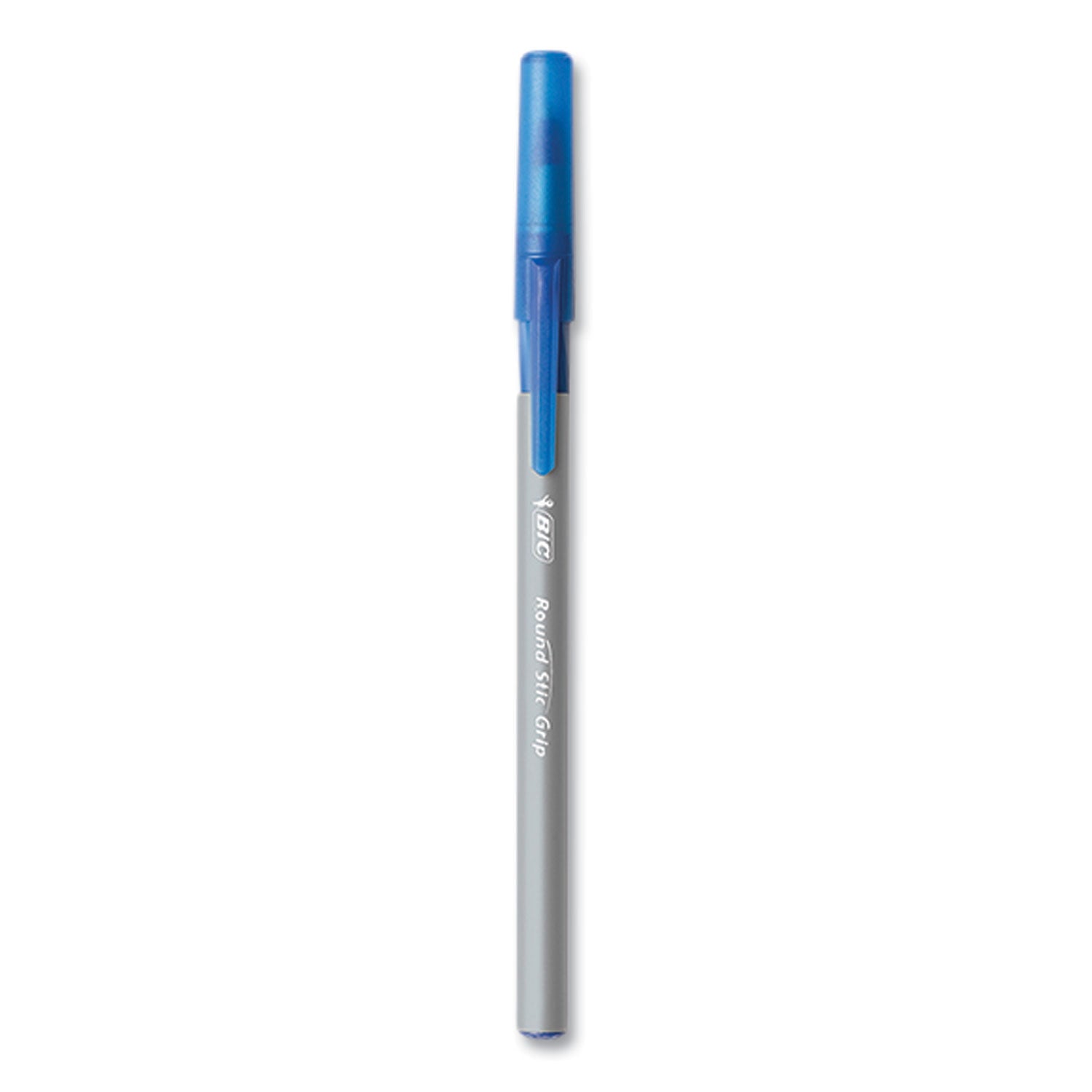 BIC® Round Stic Grip Xtra Comfort Ballpoint Pen, Stick, Medium 1 mm, Blue Ink, Gray/Blue Barrel, 144/Pack