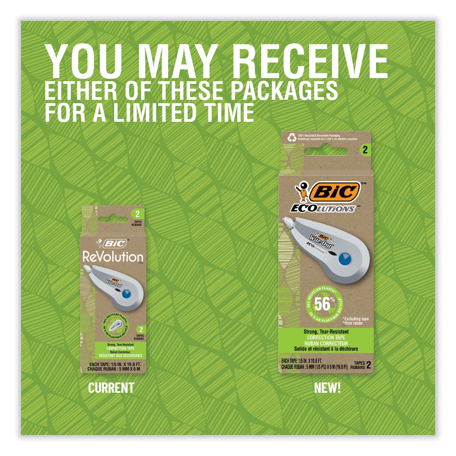 BIC® Wite-Out Brand Ecolutions Correction Tape, Non-Refillable, White, 0.2" x 19.8 ft, 2/Pack