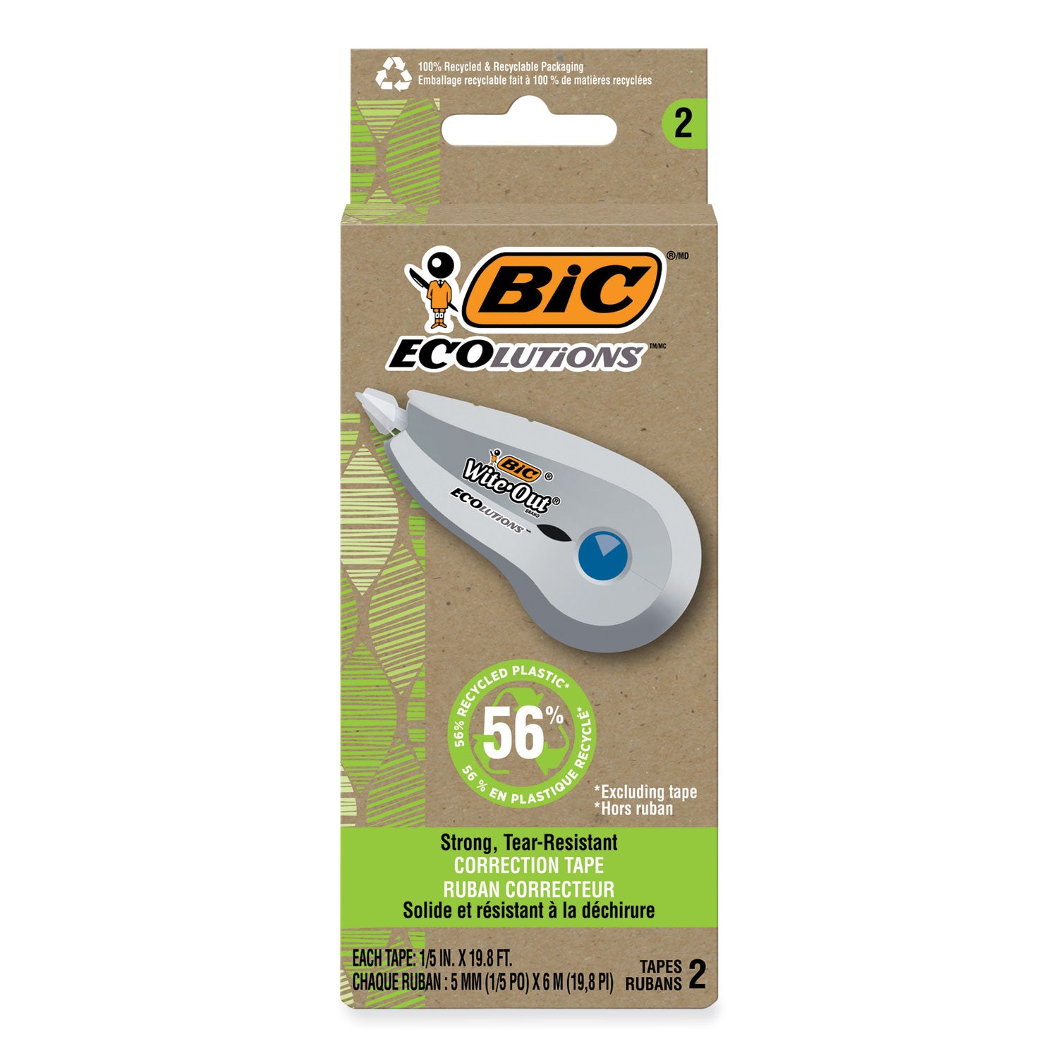 BIC® Wite-Out Brand Ecolutions Correction Tape, Non-Refillable, White, 0.2" x 19.8 ft, 2/Pack