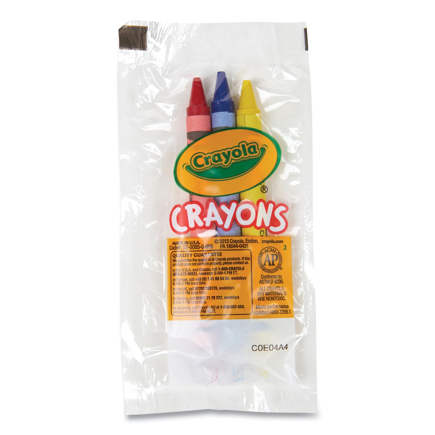 Crayola® Washable Crayons, Blue, Red, Yellow 3/Pack, 360 Packs/Carton
