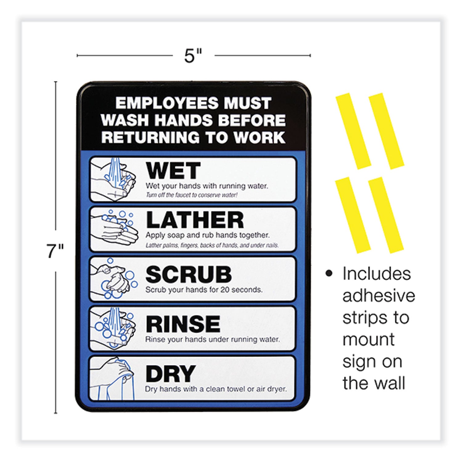 Excello Global Products® Employees Must Wash Hands Indoor Wall Sign, 5" x 7", Black/Blue/White Face, Black/Blue Graphics, 2/Pack