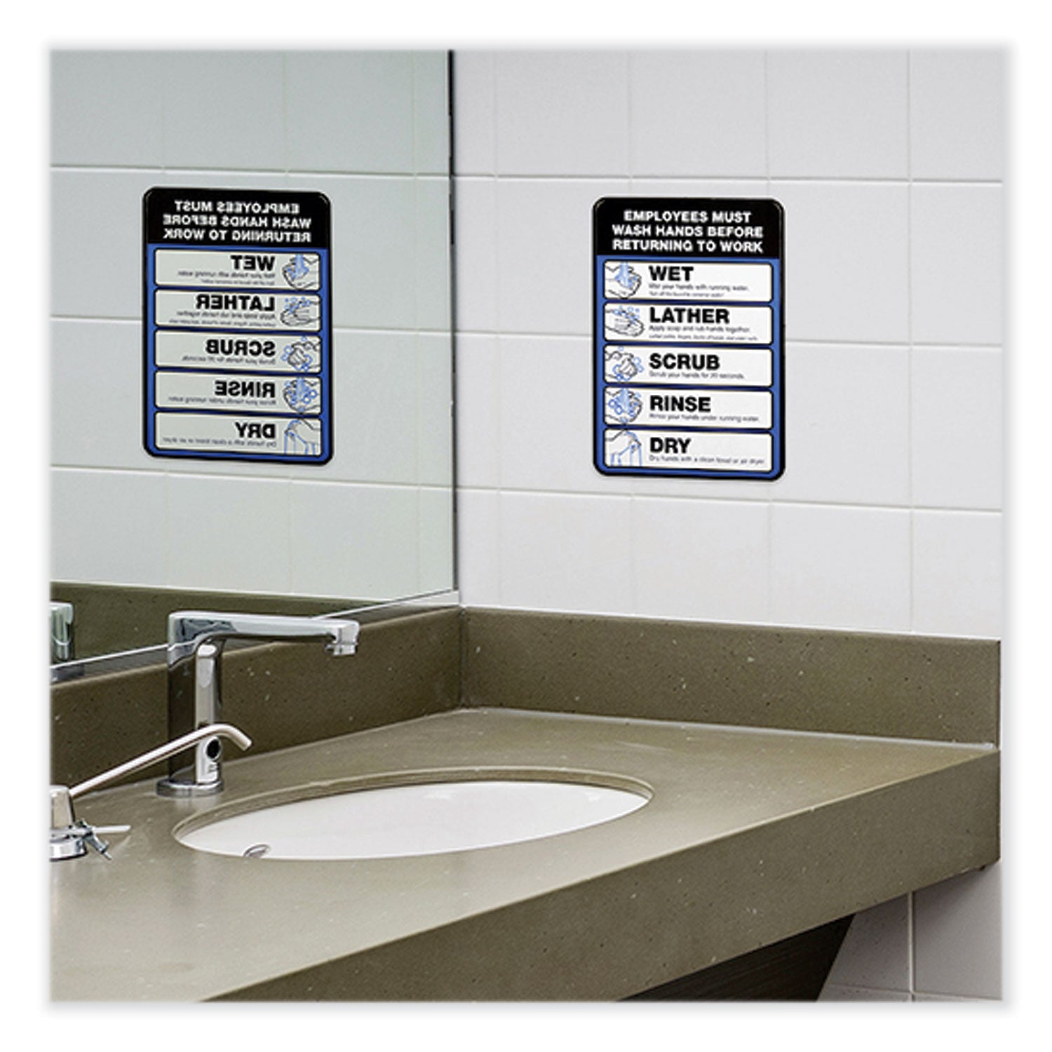 Excello Global Products® Employees Must Wash Hands Indoor Wall Sign, 5" x 7", Black/Blue/White Face, Black/Blue Graphics, 2/Pack