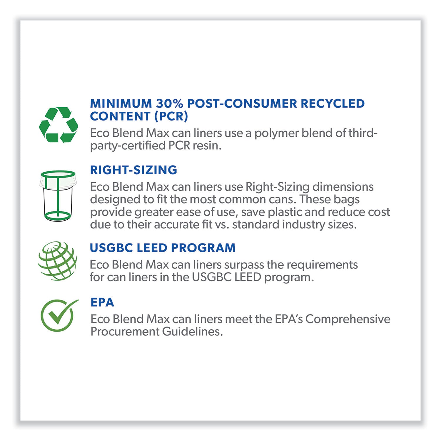 Heritage Eco Blend Max Can Liners, 33 gal, 0.8 mil, 33" x 39", Black, 25 Bags/Roll, 8 Rolls/Carton