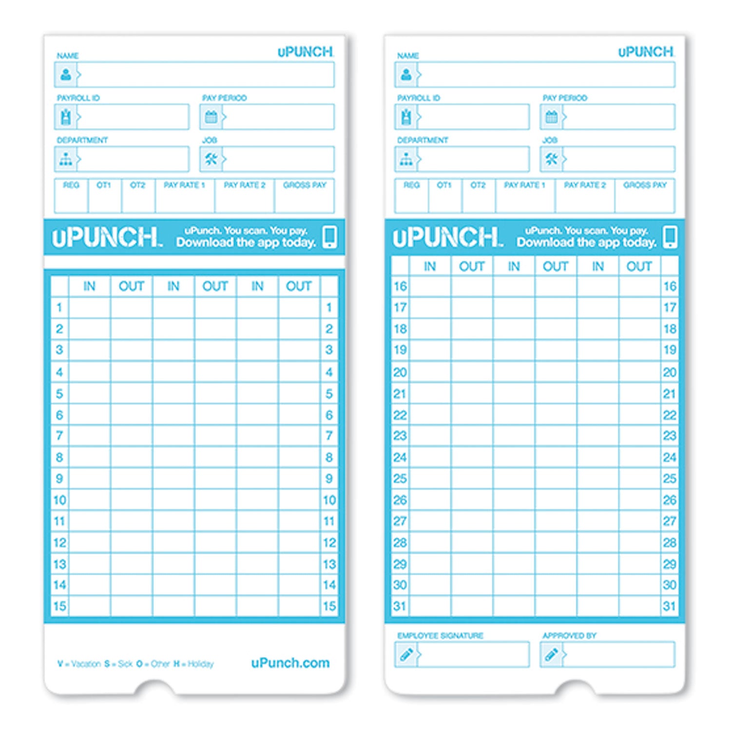 uPunch™ Pay-to-Punch Time Card for SB1200 Time Clock, Two Sides, 3.38 x 7.38, 100/Pack