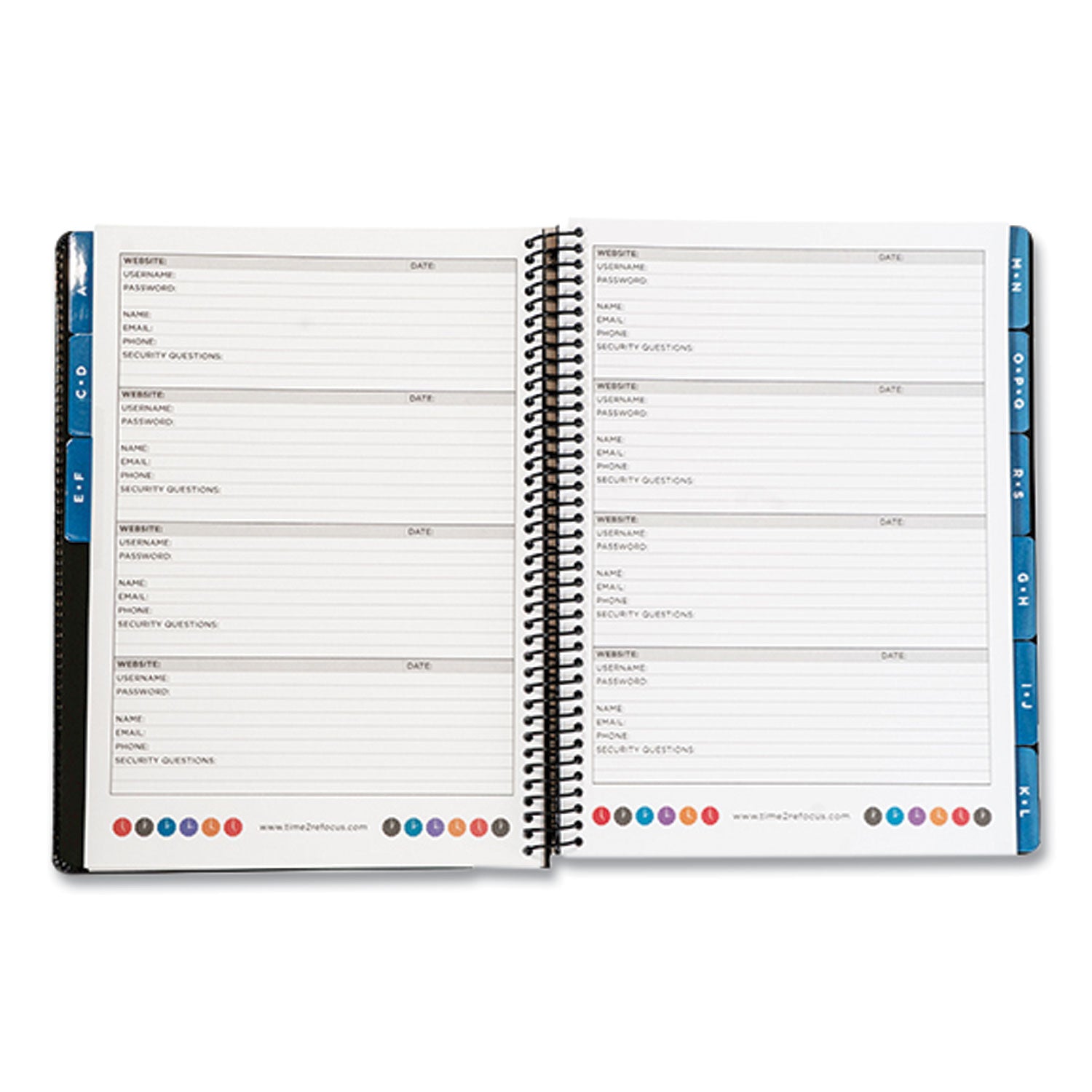 RE-Focus The Creative Office Executive Format Password Log Book, 576 Total Entries, 4 Entries/Page, Black Faux-Leather Cover, (72) 10 x 7.6 Sheets