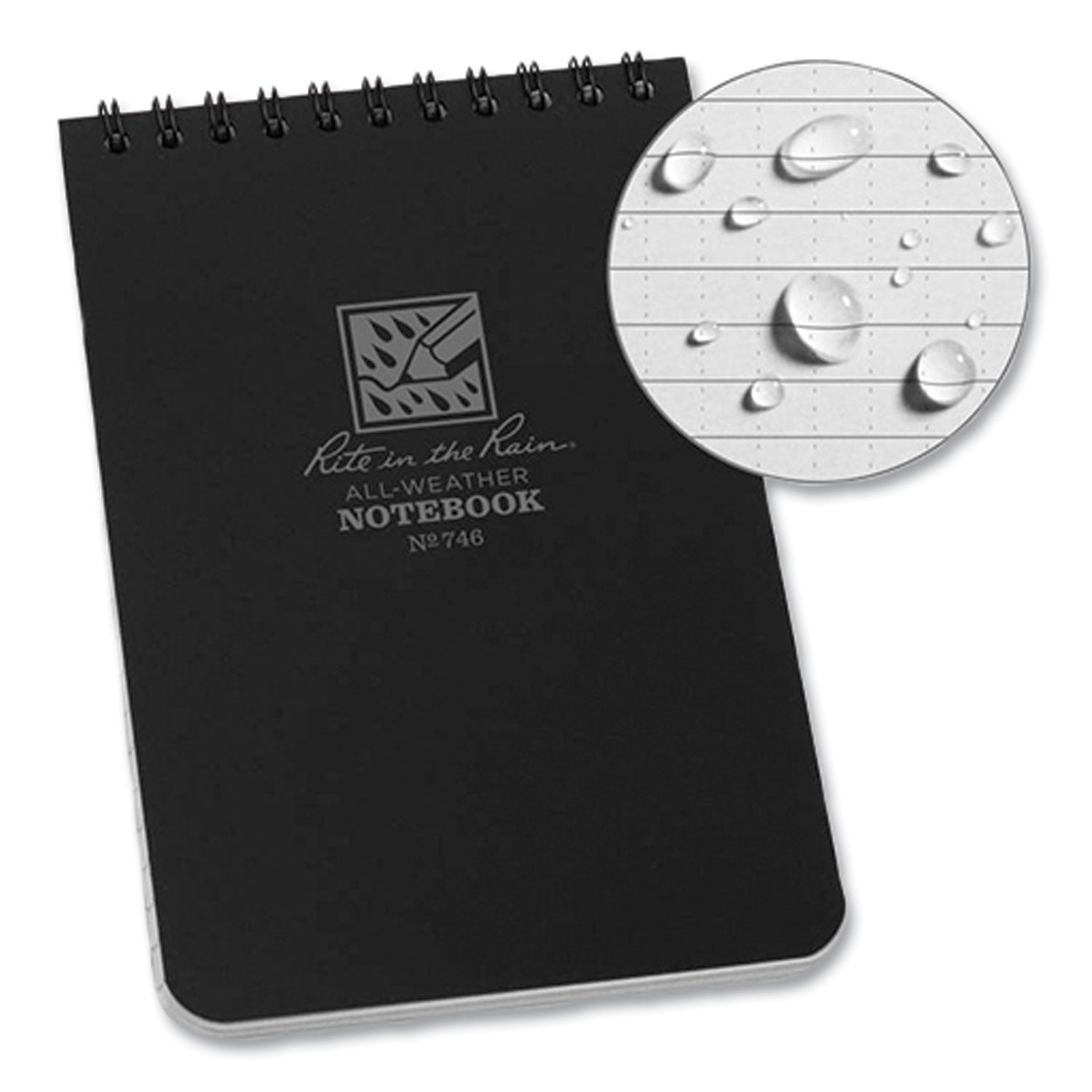 Rite in the Rain® All-Weather Wire-O Notepad, Universal: Narrow Rule and Quadrille Rule, Black Cover, 50 White 4 x 6 Sheets