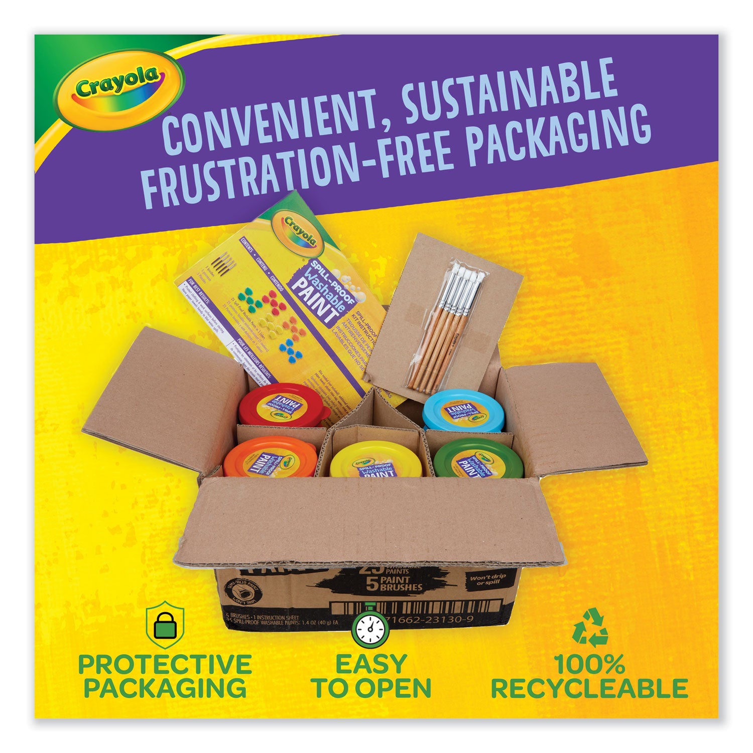 Crayola® Spill Proof Washable Paints, 5 Colors, 1.4 oz Cups, 5 Sets/Carton