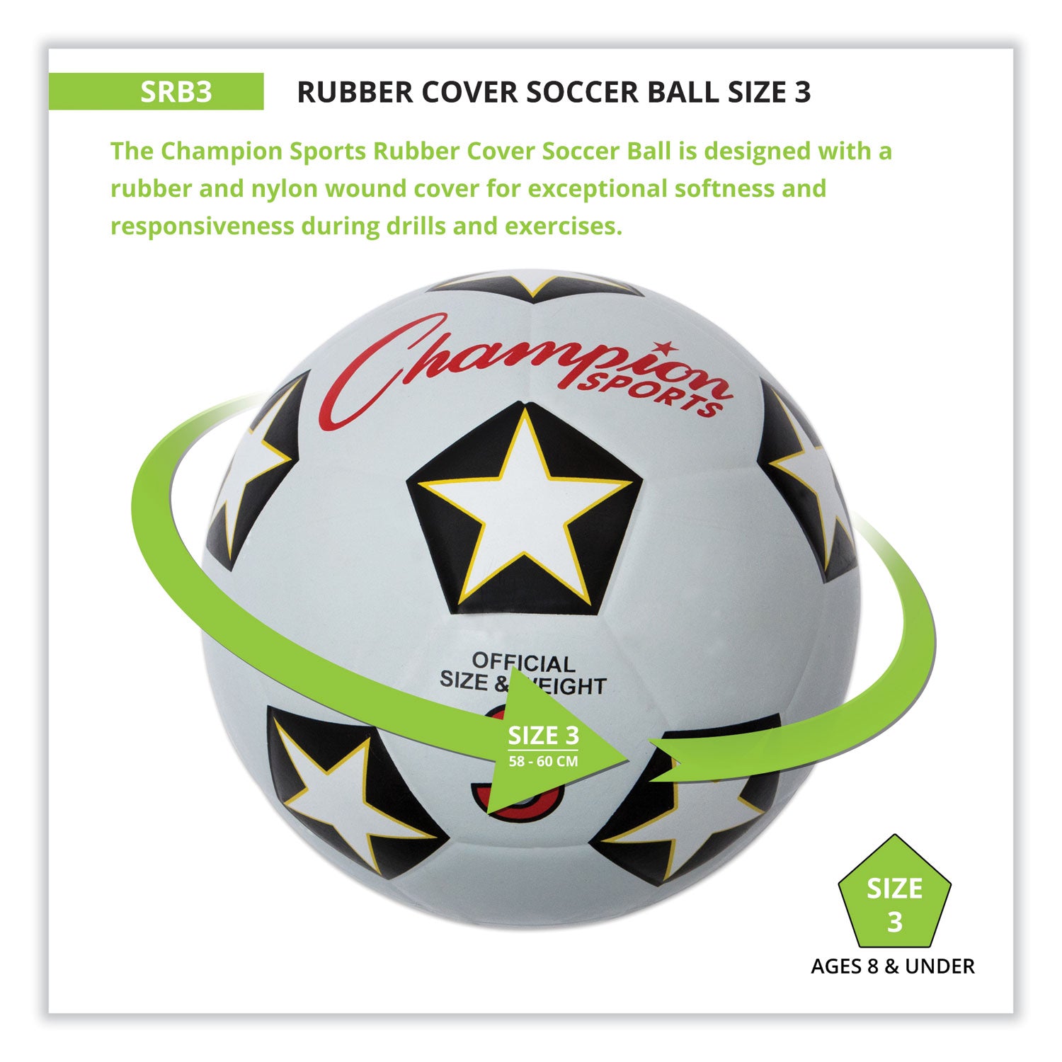 Champion Sports Rubber Sports Ball, For Soccer, No. 3 Size, White/Black