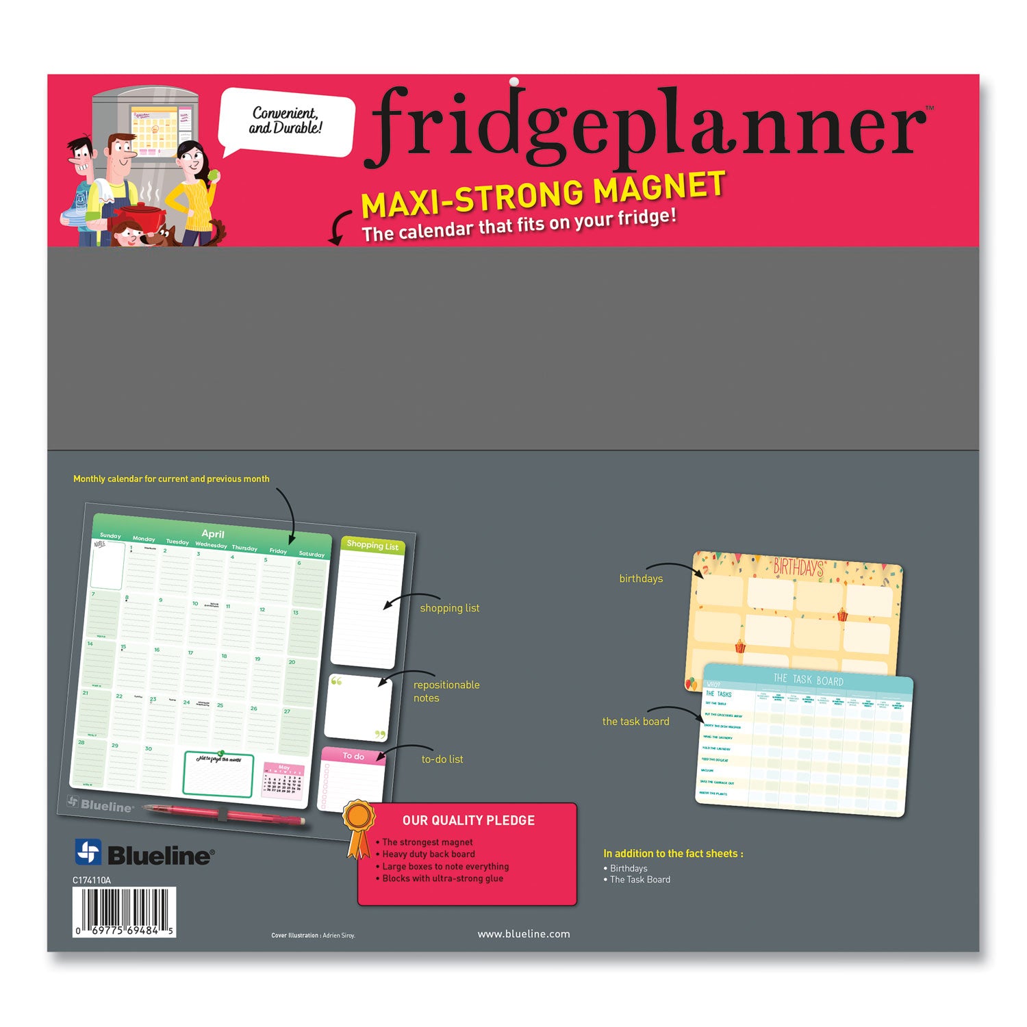 Blueline® Fridge Planner Magnetized Monthly Calendar with Pads + Pencil, 14 x 13.5, Yellow/Green Sheets, 17-Month: Aug 2024 to Dec 2025