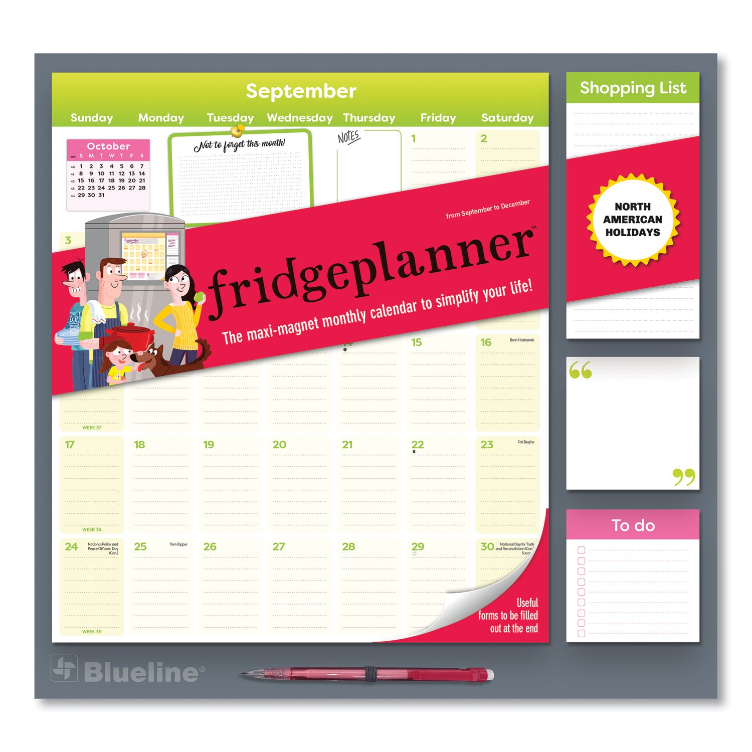 Fridge Planner Magnetized Monthly Calendar with Pads + Pencil, 14 x 13.5, Yellow/Green Sheets, 17-Month: Aug 2024 to Dec 2025
