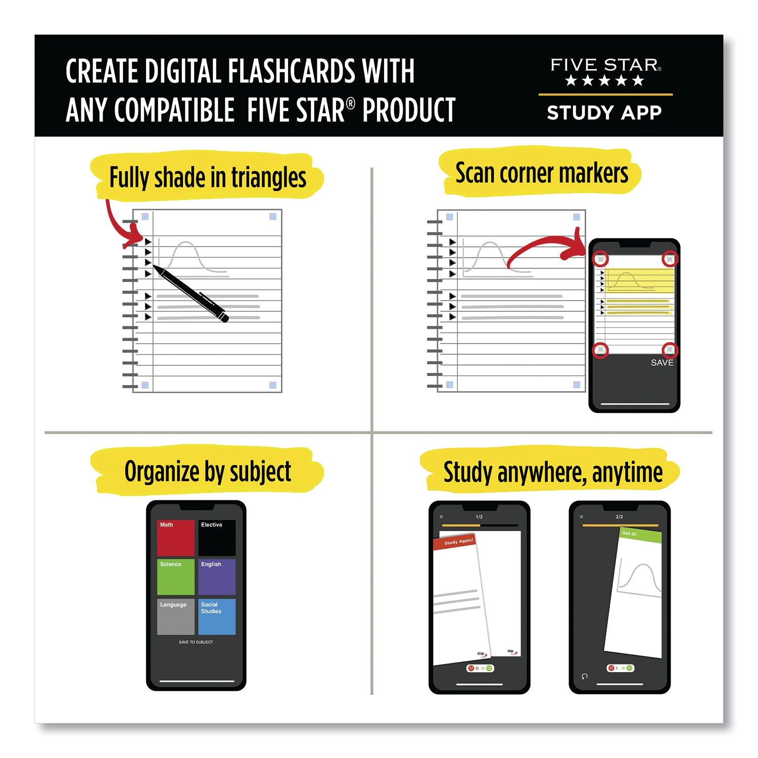 Five Star® Wirebound Notebook with Two Pockets, 1-Subject, Med/College Rule, Asst Cover Color (Red/GN/BL), (100) 11 x 8.5 Sheets, 3/Pack