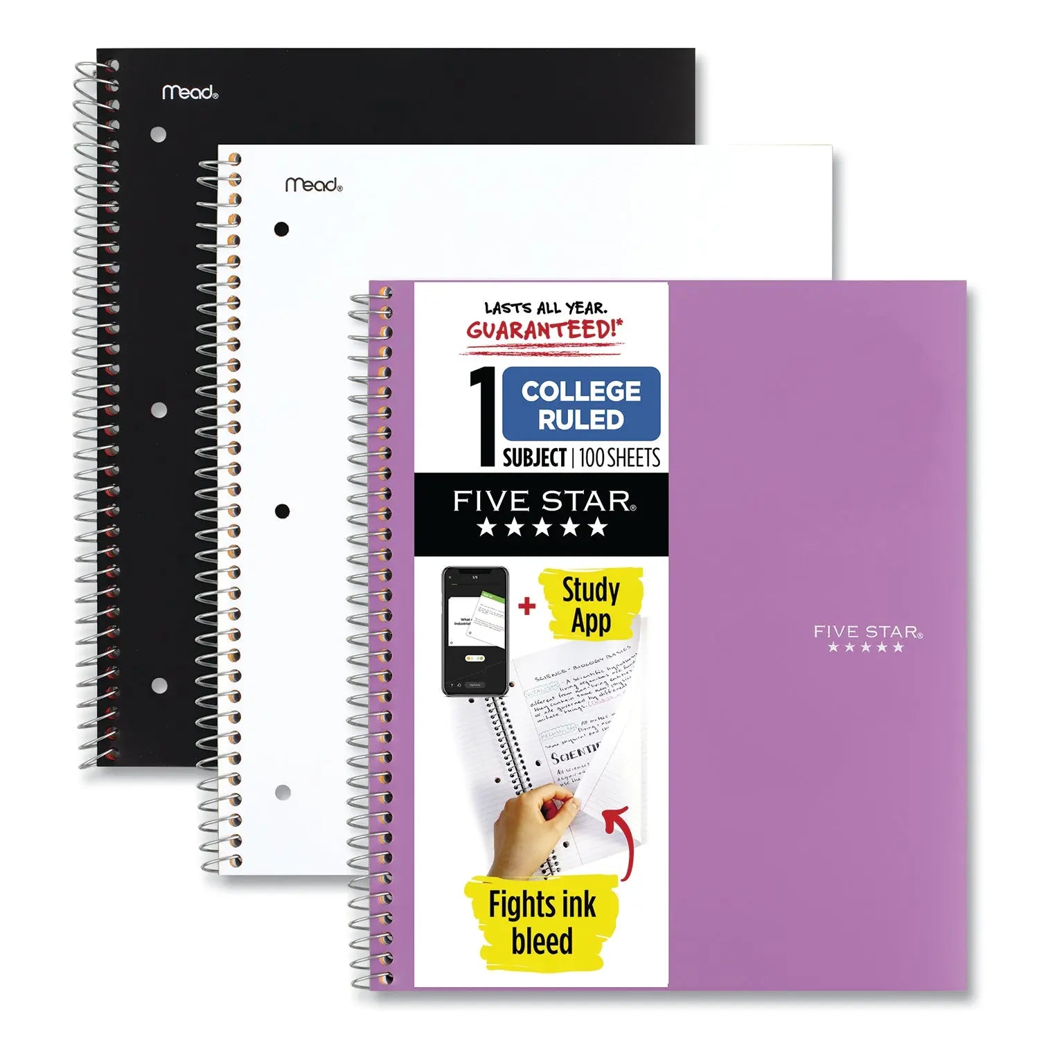 Wirebound Notebook with Two Pockets, 1-Subject, Medium/College Rule, Assorted Cover Color, (100) 11 x 8.5 Sheets, 3/Pack Five Star® Flipcost
