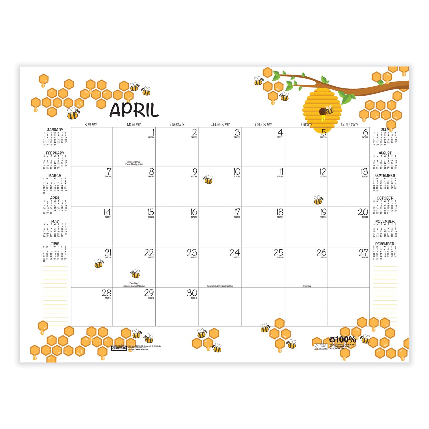 House of Doolittle™ Recycled Honeycomb Desk Pad Calendar, Honeycomb Artwork, 22 x 17, White/Multicolor Sheets, 12-Month (Jan to Dec): 2025