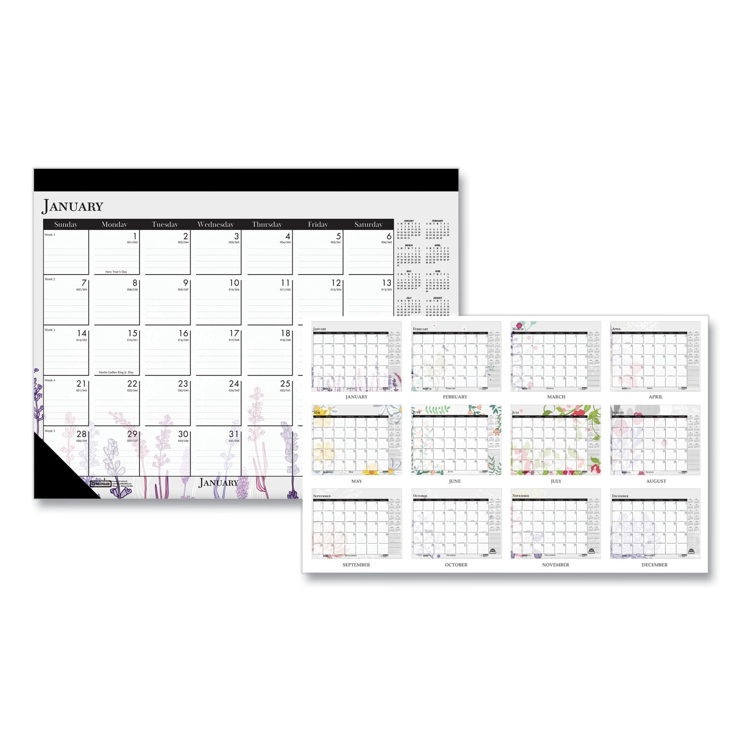 Recycled Desk Pad Calendar, Wild Flowers Artwork, 22 x 17, White Sheets, Black Binding/Corners,12-Month (Jan-Dec): 2025