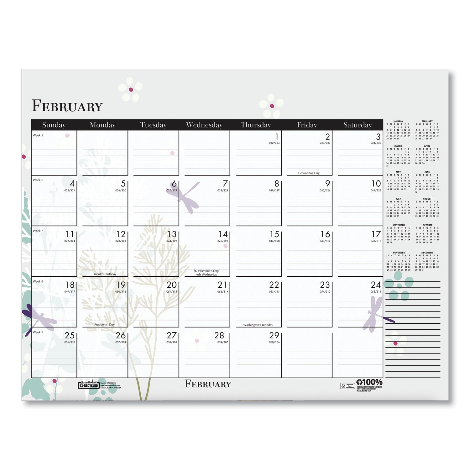 House of Doolittle™ Recycled Desk Pad Calendar, Wild Flowers Artwork, 22 x 17, White Sheets, Black Binding/Corners,12-Month (Jan-Dec): 2025