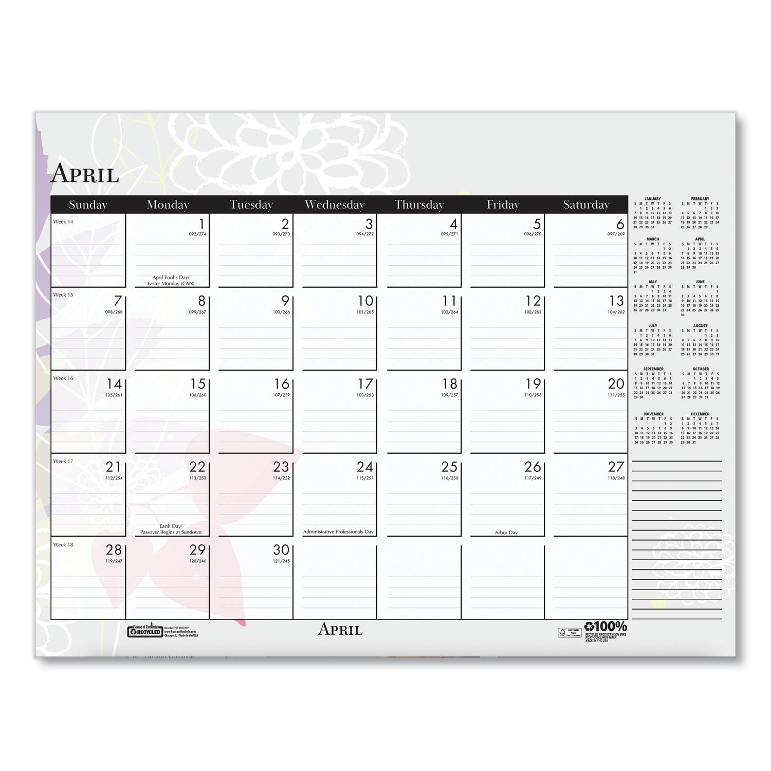 House of Doolittle™ Recycled Desk Pad Calendar, Wild Flowers Artwork, 22 x 17, White Sheets, Black Binding/Corners,12-Month (Jan-Dec): 2025