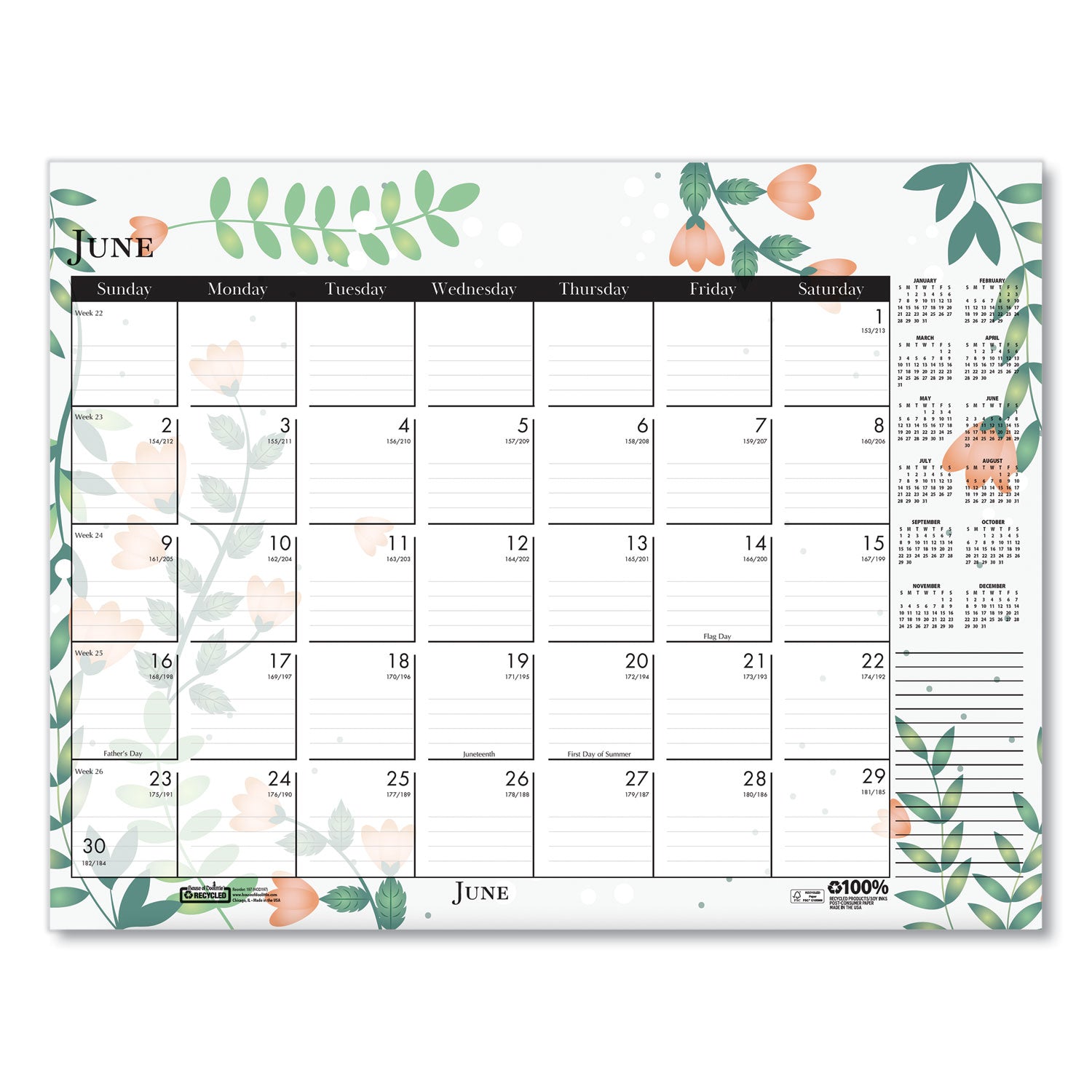 House of Doolittle™ Recycled Desk Pad Calendar, Wild Flowers Artwork, 22 x 17, White Sheets, Black Binding/Corners,12-Month (Jan-Dec): 2025