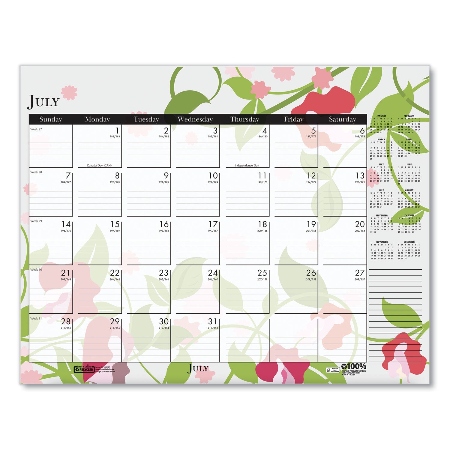 House of Doolittle™ Recycled Desk Pad Calendar, Wild Flowers Artwork, 22 x 17, White Sheets, Black Binding/Corners,12-Month (Jan-Dec): 2025