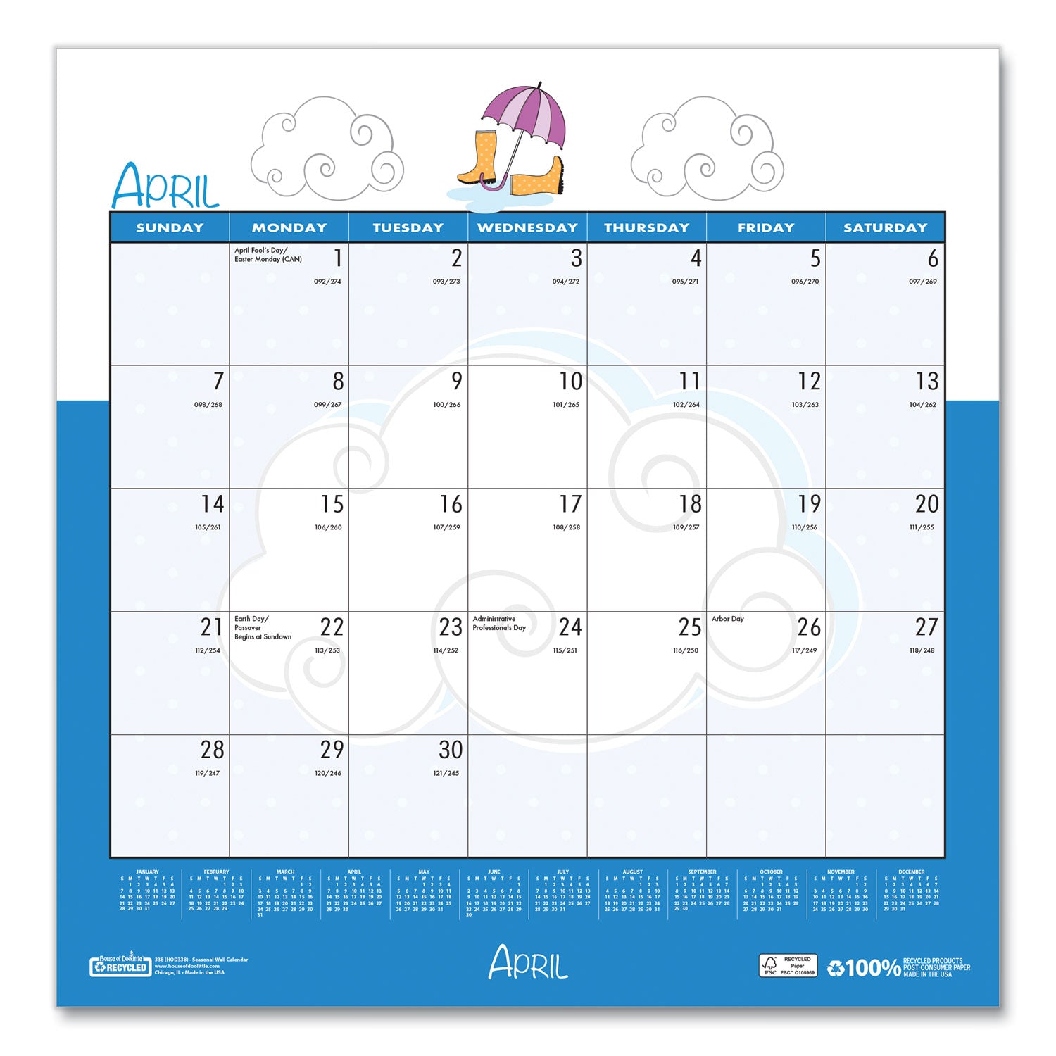 House of Doolittle™ Recycled Seasonal Wall Calendar, Illustrated Seasons Artwork, 12 x 12, 12-Month (Jan to Dec): 2025