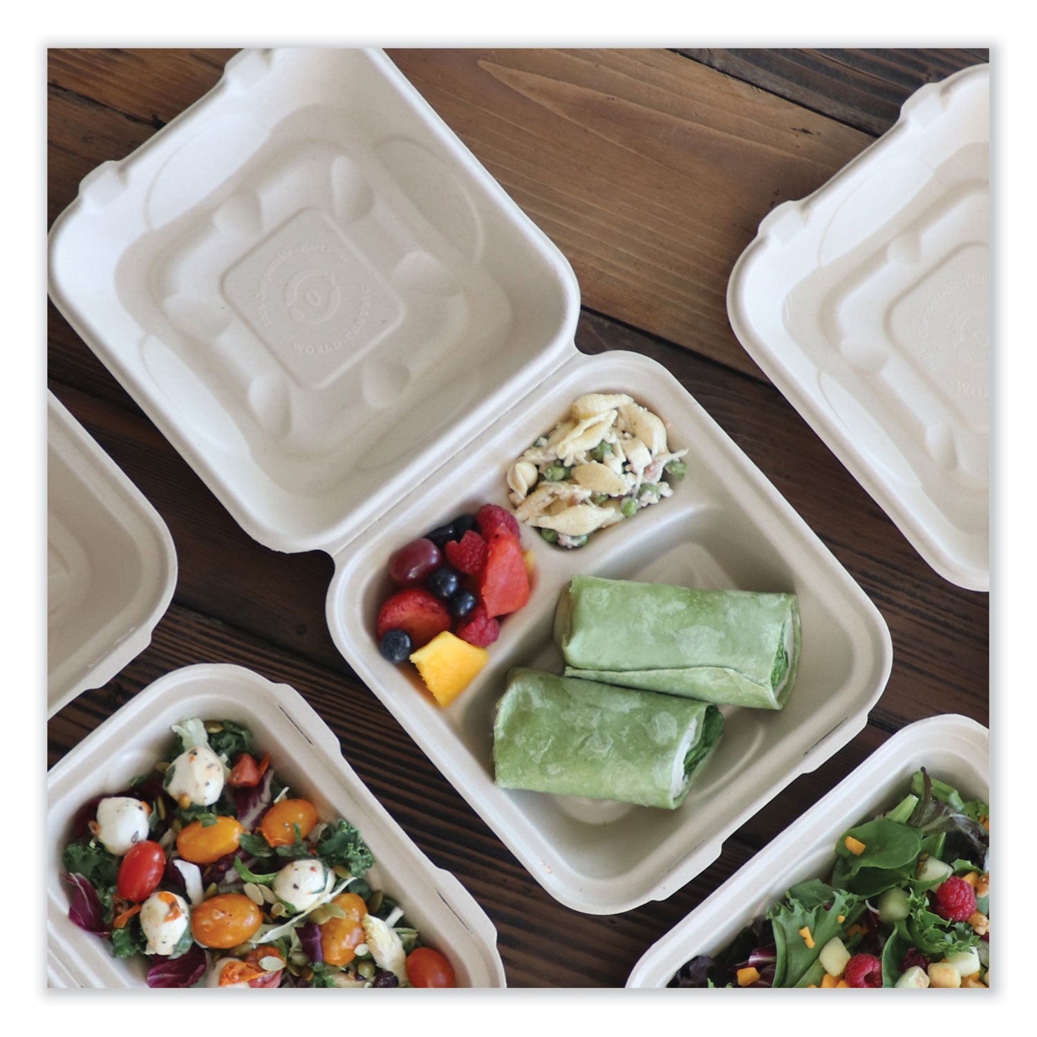 World Centric® Fiber Hinged Containers, 3 Compartments, 8.8 x 8.2 x 2.9, Natural, Paper, 300/Carton