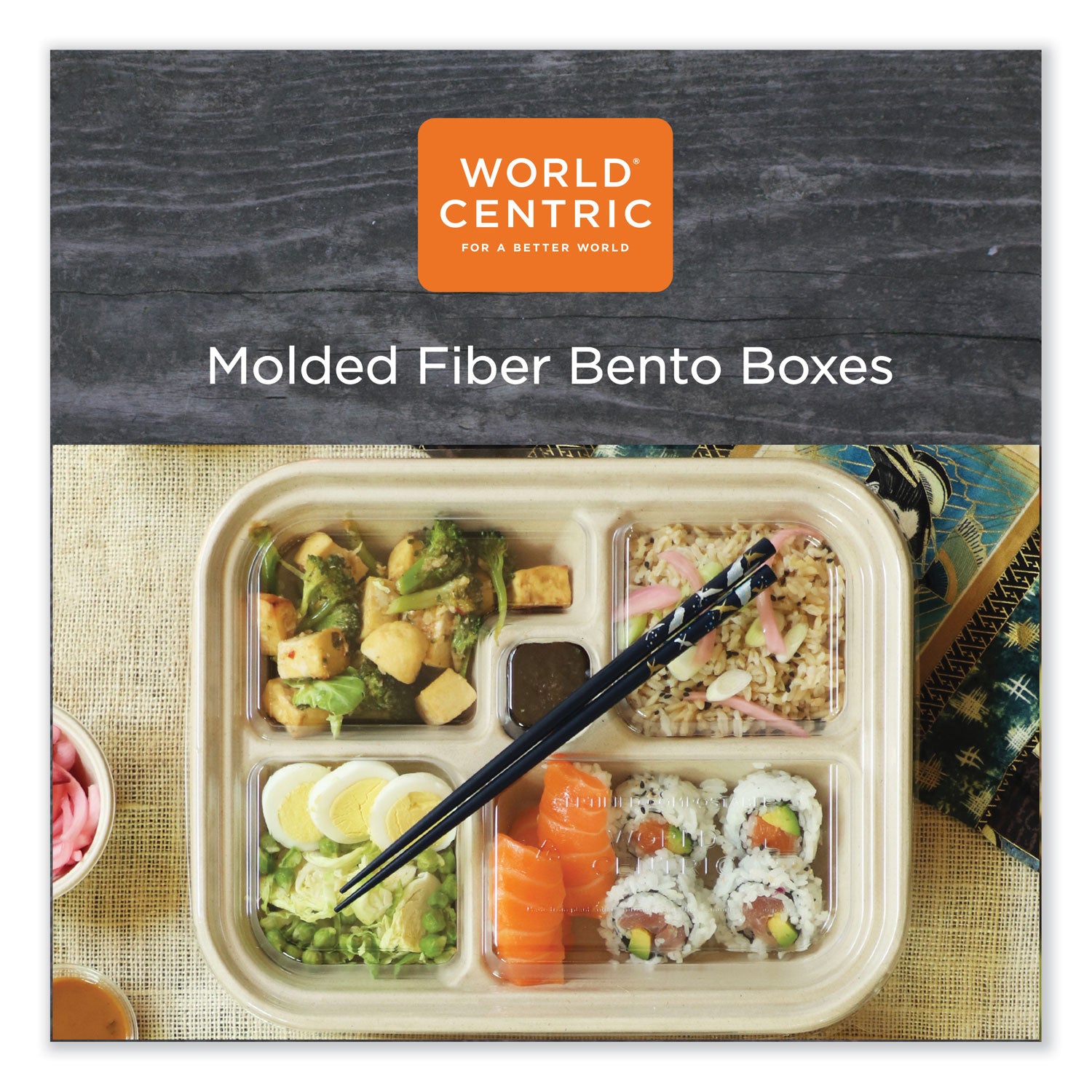 World Centric® Fiber Containers, Bento Box, 5 Compartments, 12 x 9.5 x 2, Natural, Paper, 300/Carton