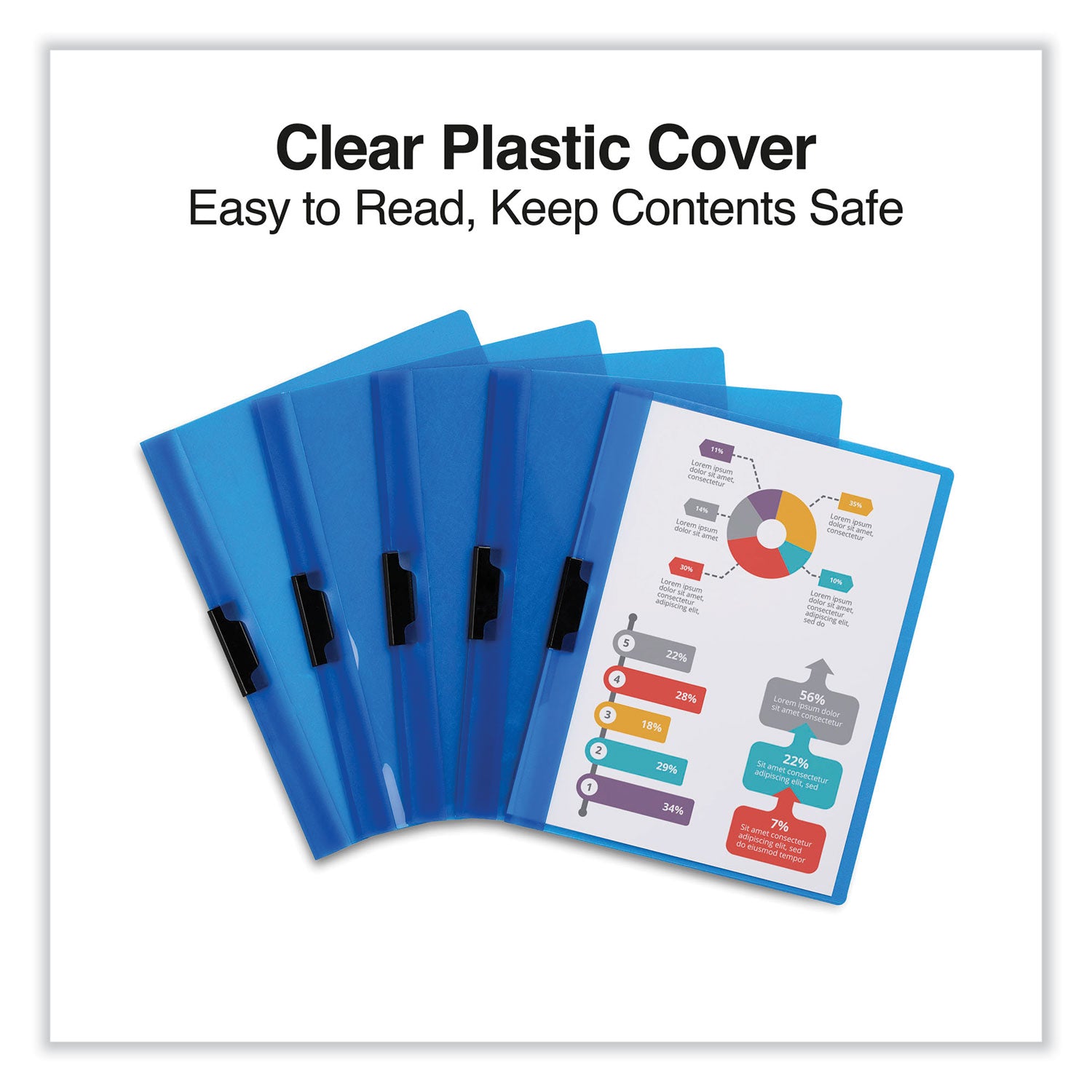 Universal® Clip-Style Report Cover, Clip Fastener, 8.5 X 11, Clear/blue, 5/pack