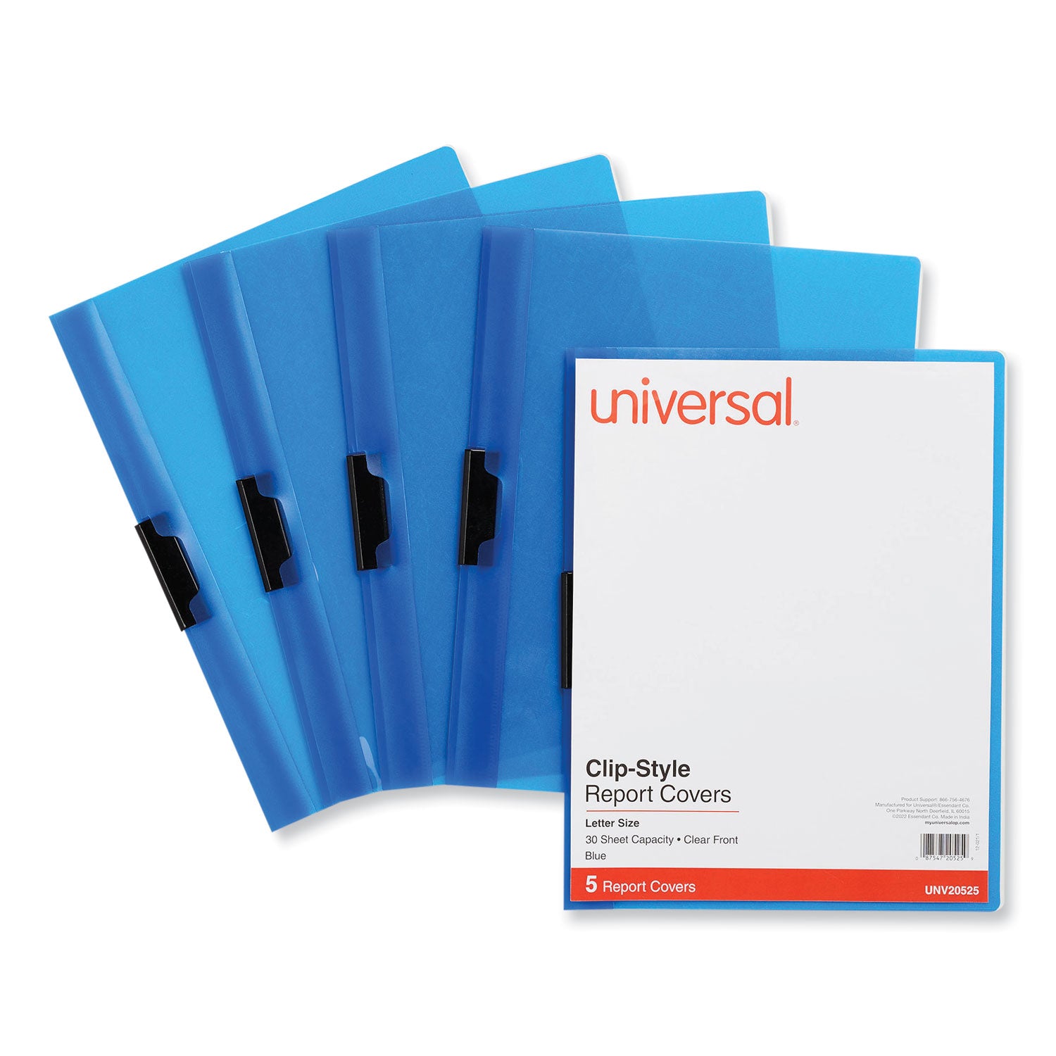 Universal® Clip-Style Report Cover, Clip Fastener, 8.5 X 11, Clear/blue, 5/pack