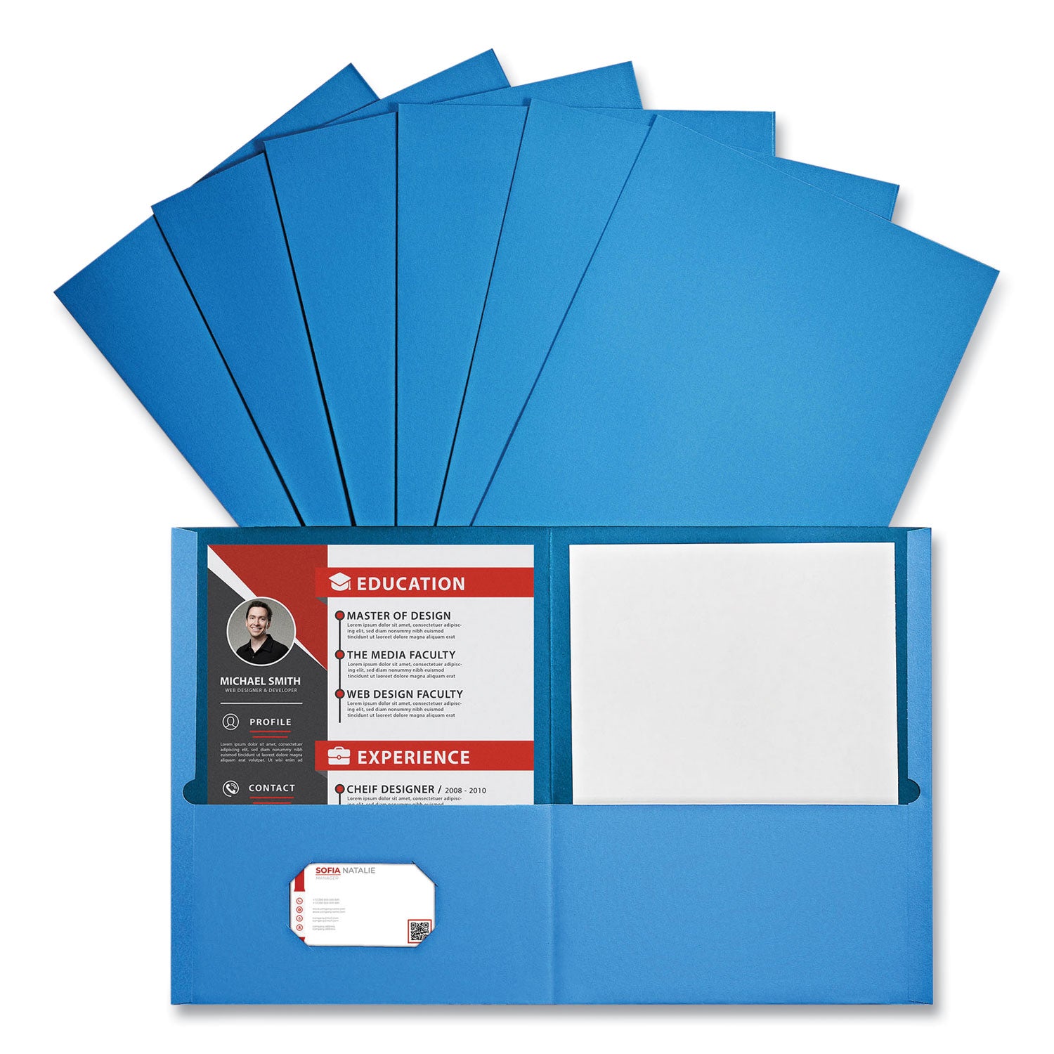 Universal® Two-Pocket Portfolio, Embossed Leather Grain Paper, 11 X 8.5, Light Blue, 25/box