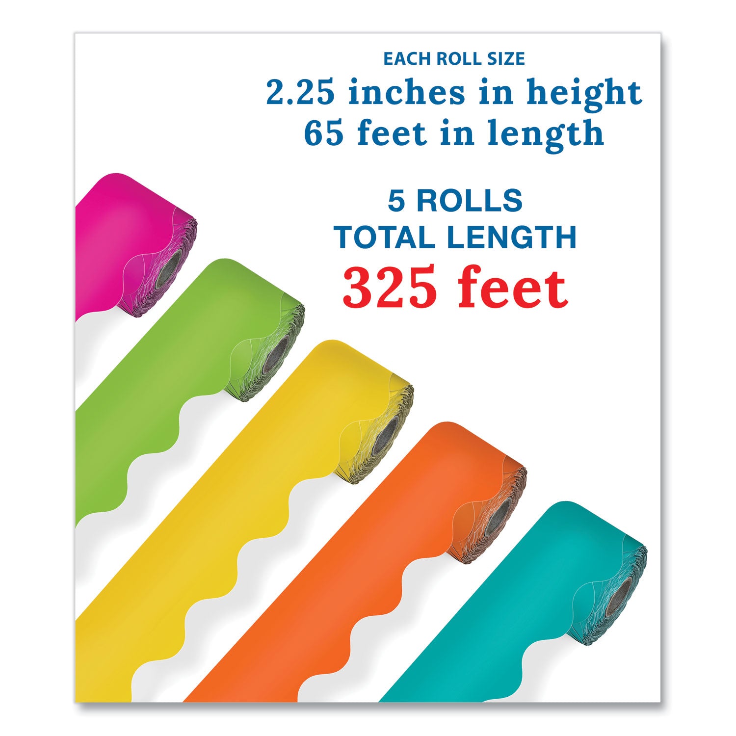 Carson-Dellosa Education Rolled Scalloped Border Set, 2.25" x 65 ft, Assorted Colors, 5/Set