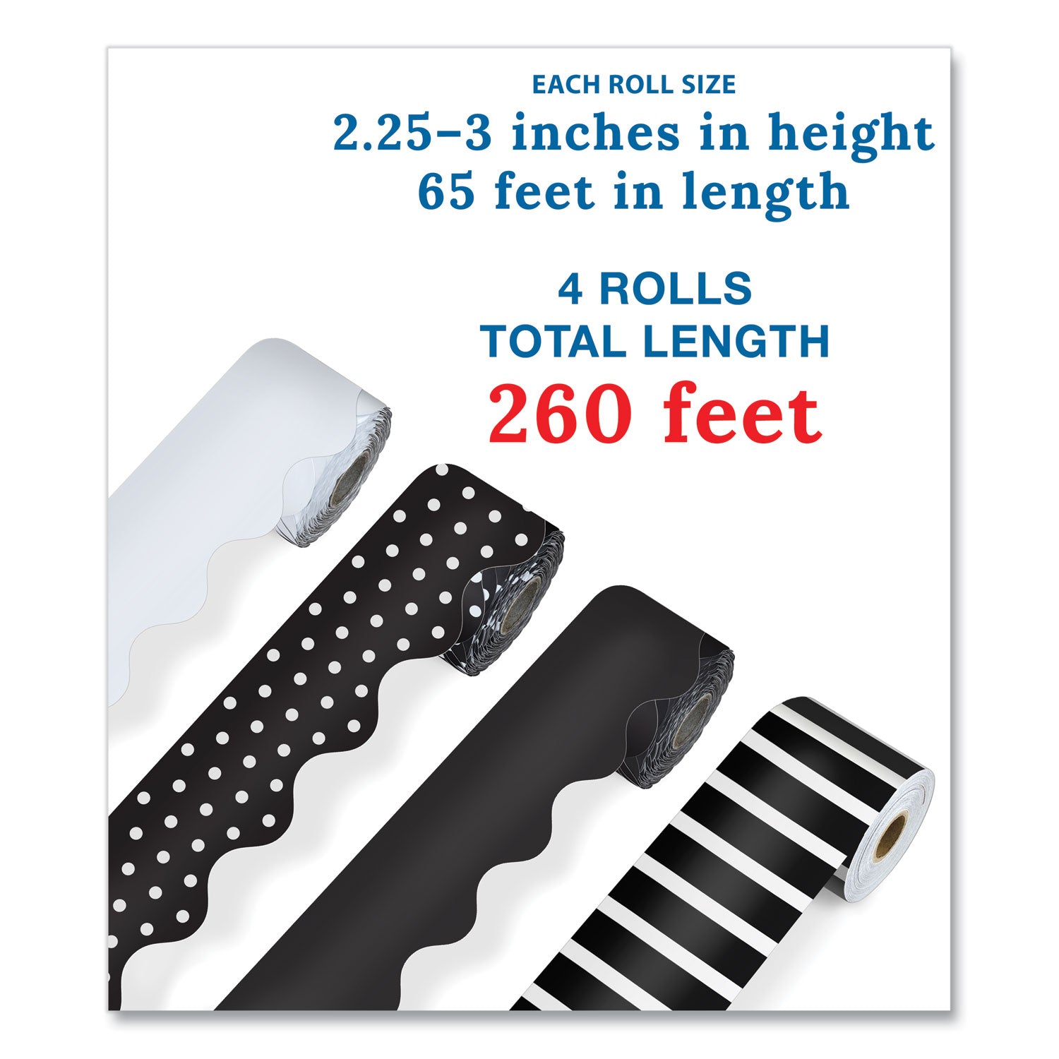 Carson-Dellosa Education Rolled Scalloped Border Set, (2) Solid Colors, (1) Horizontal Stripes, (1) Polka Dots, 2.25" x 65 ft, Assorted Colors, 4/Set